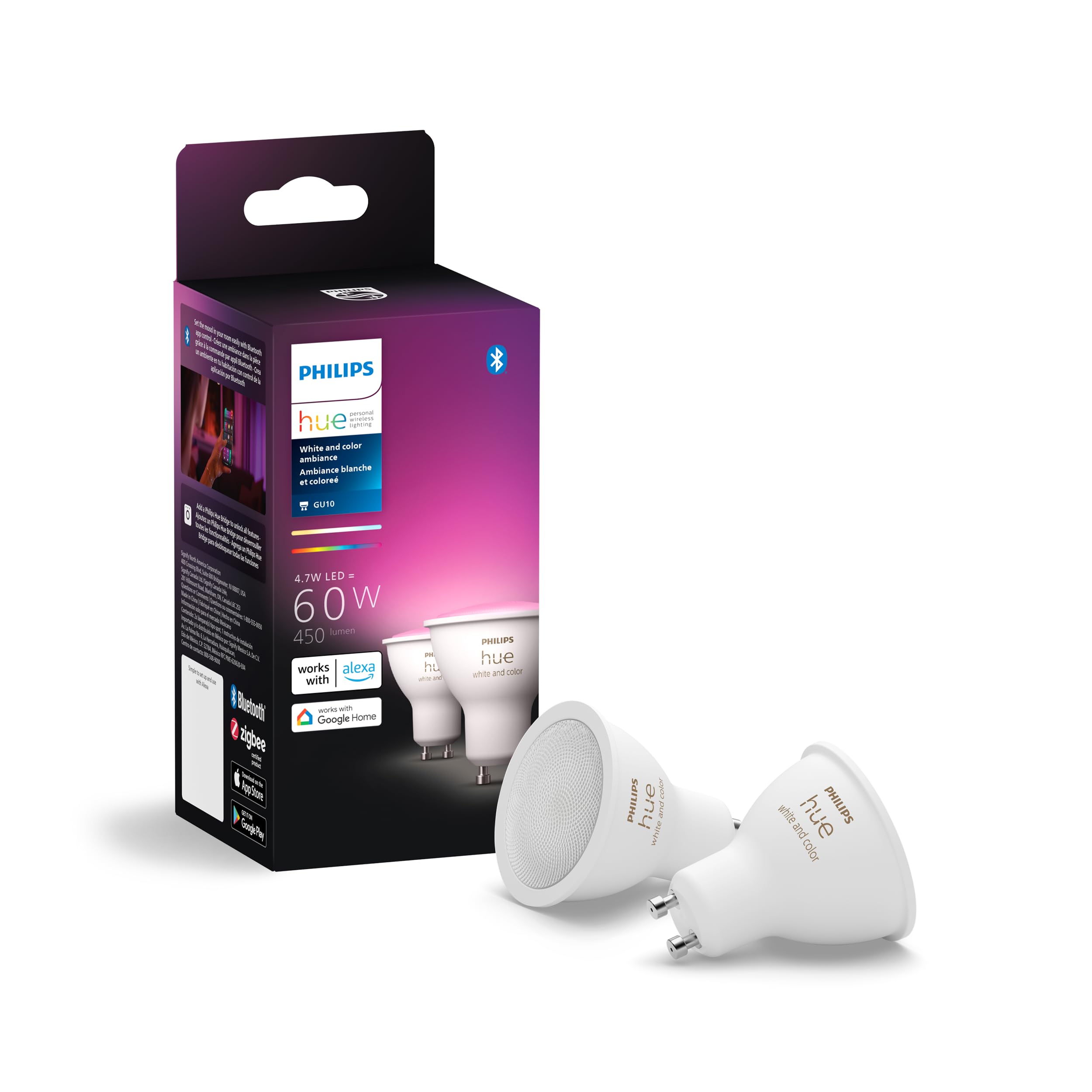 Philips Hue Smart 60W Gu10 Led Bulb - White And Color Ambiance Color-Changing Light - 2 Pack - 450Lm - Indoor - Control With Hue
