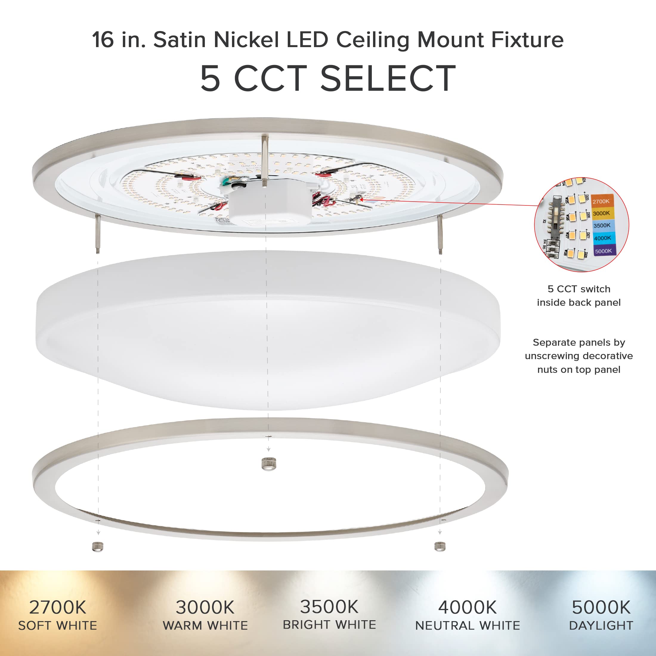 Maxxima 16 In. Led Flush Mount Ceiling Light, 3600 Lumens, 5 Cct 2700K/3000K/3500K/4000K/5000K, Round Color Selectable Dual Ring