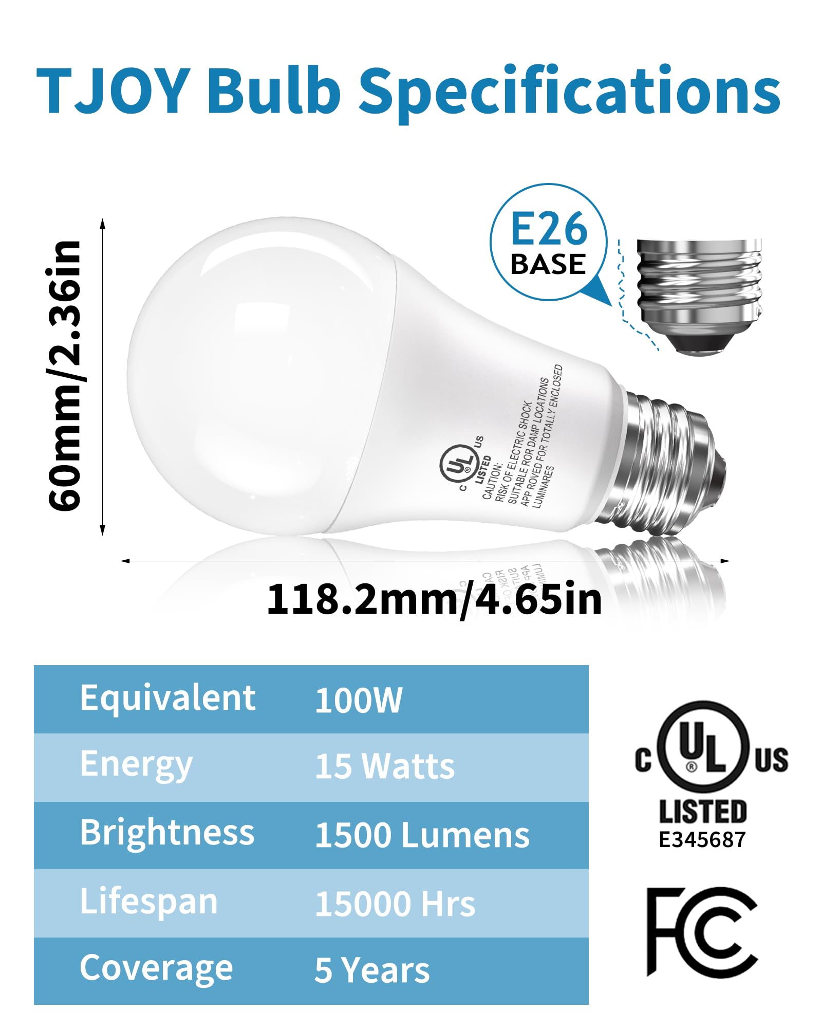 TJOY LED Light Bulbs, 100W Equivalent A19, 5000K Daylight, 15W, 1500 Lumens, Non-Dimmable, 12 Pack