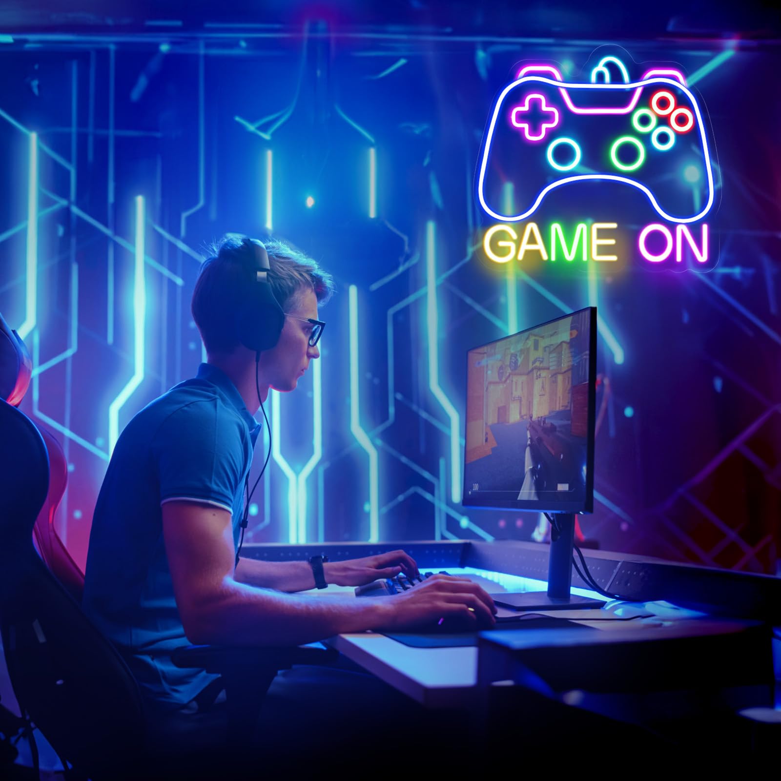 STYPOP Gamer Neon Sign - Game On LED Wall Decor, 14.2in x 13.4in, A-Game On, Perfect for Teen Bedroom and Game Room