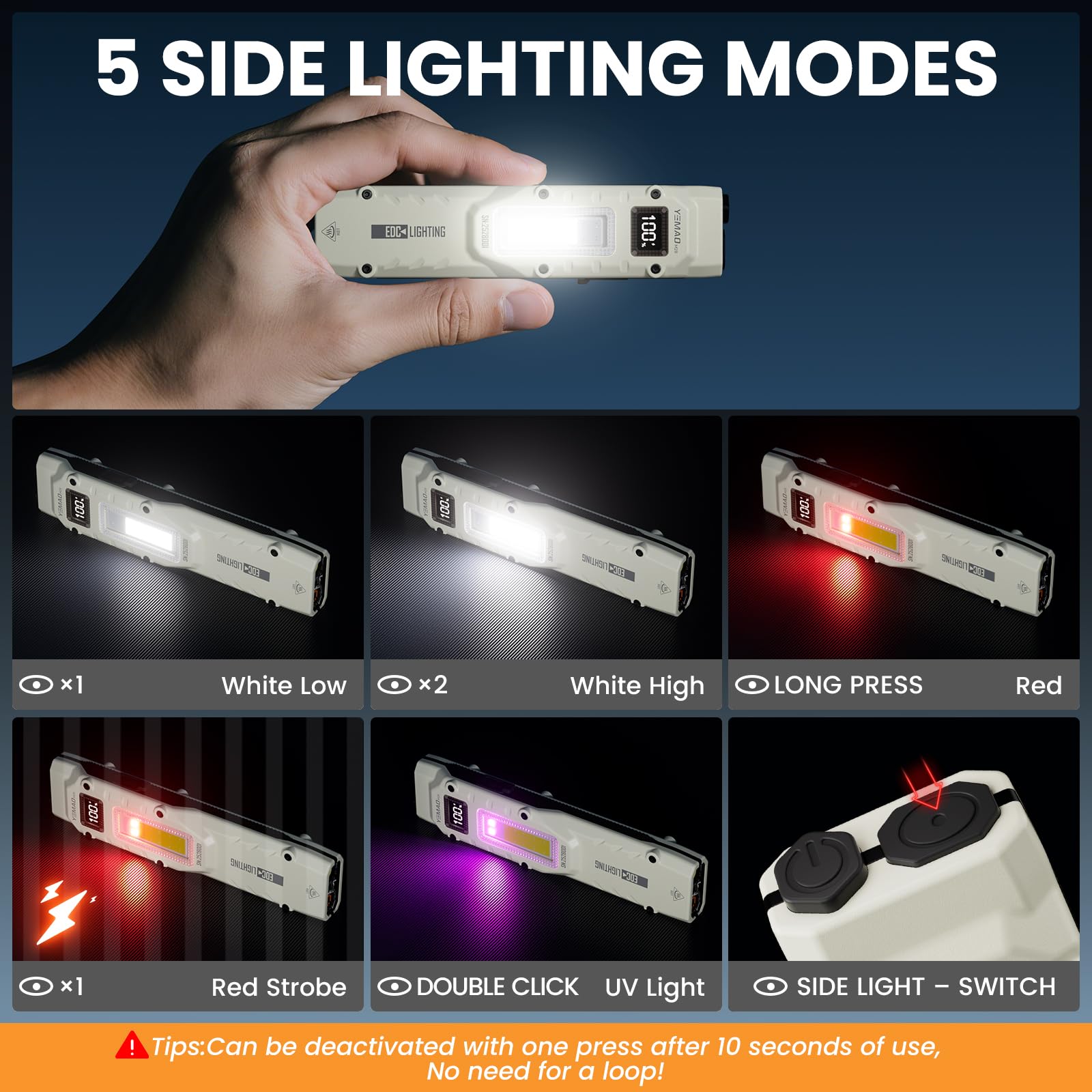 Yemao Flat Flashlight, Rechargeable Stainless Steel EDC Light, 880 Lumen, Pocket Size, White, Model YM-M28, 13 Modes for Home & Outdoor Use