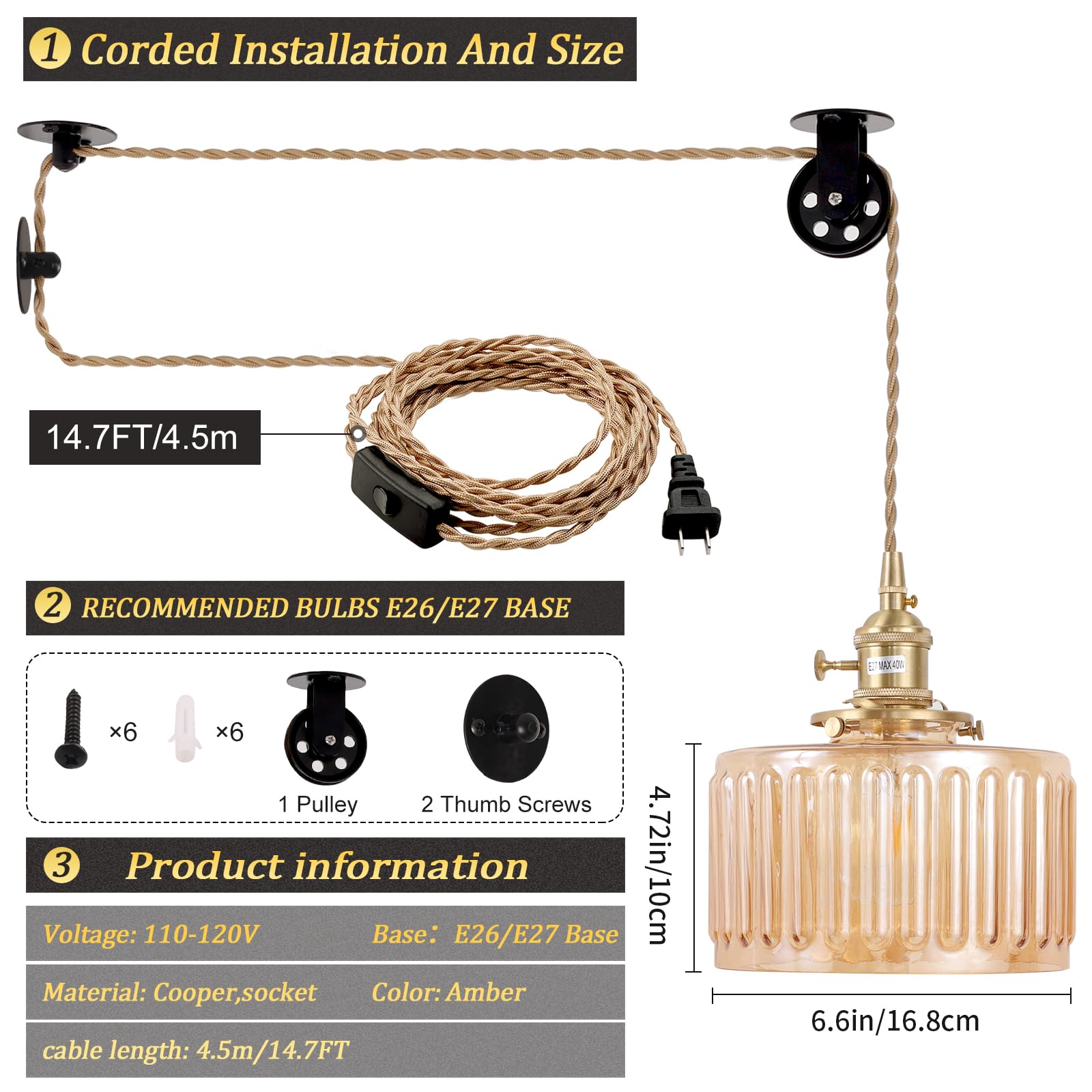 Shenmoyl Plug In Pendant Light Hanging Light Fixture Corded On/Off Switch Brass Pendant Light With Amber Striped Glass Lampshade