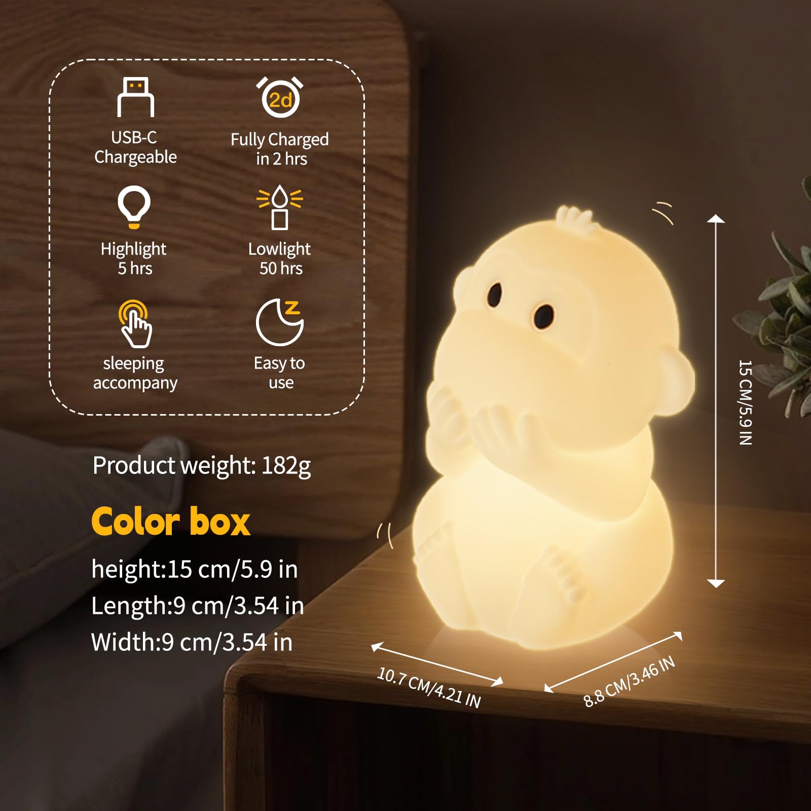 GAGBC Monkey Night Light for Kids, Remote & Tap Control, Color Change, 15/30/60 Min Timer, Dimmable, USB C Rechargeable, Cute Sq