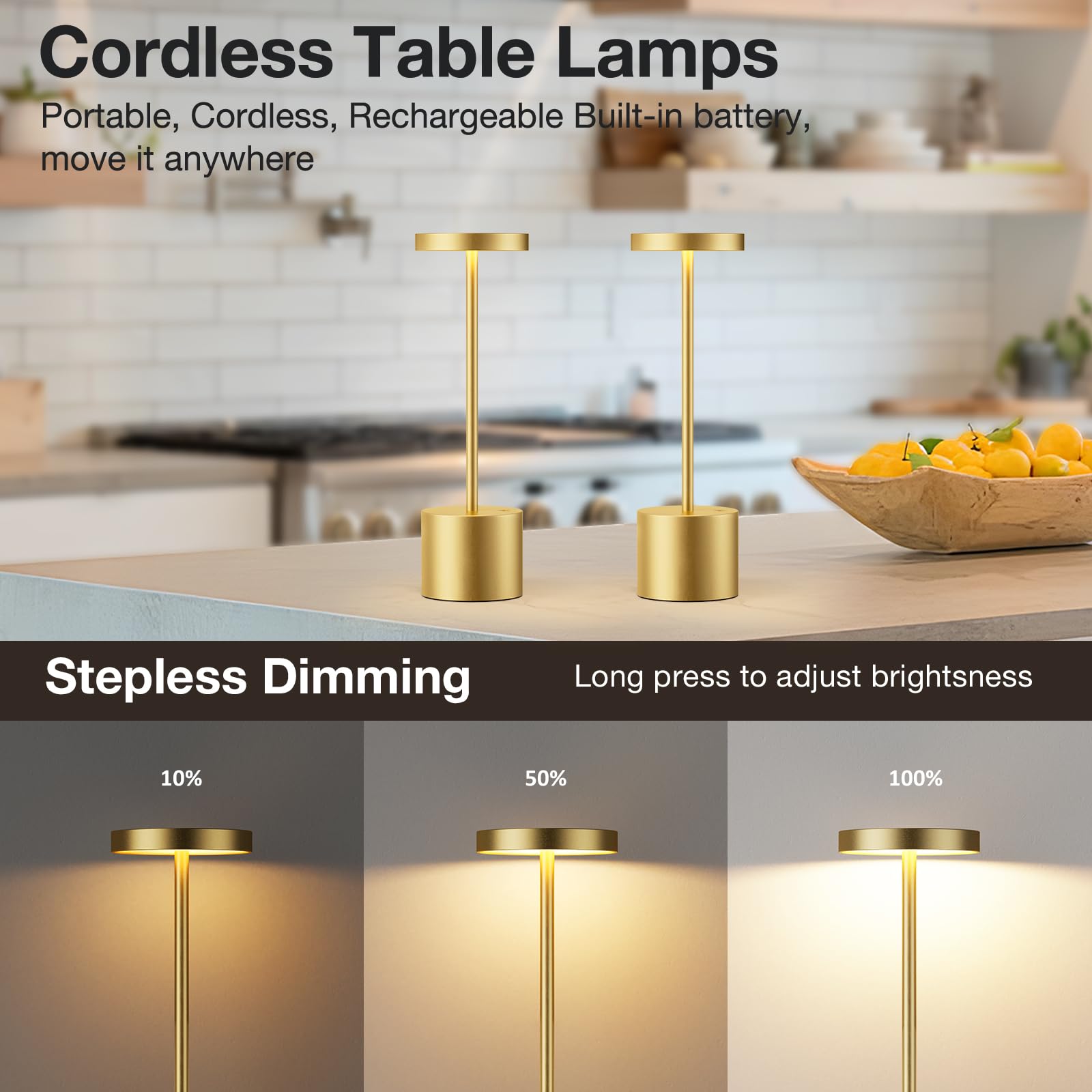 Kakanuo Gold Cordless Lamp Set - Rechargeable LED Lamps, 3 Color Temperatures, Touch Control, Stepless Dimmable, 2 Pack
