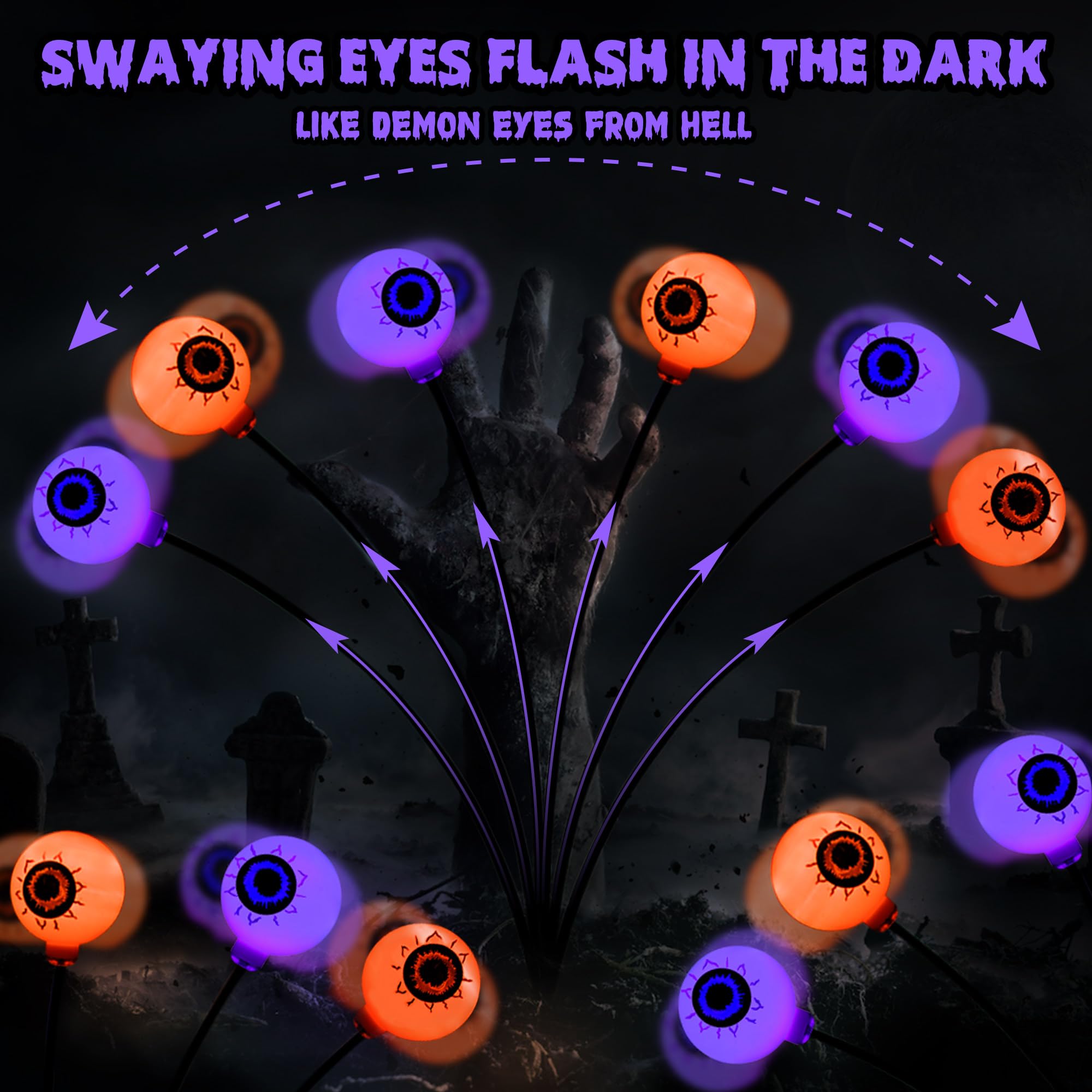 BrizLabs 6 Pack Solar Halloween Eyeball Lights, Waterproof Outdoor Pathway Lights, Orange & Purple