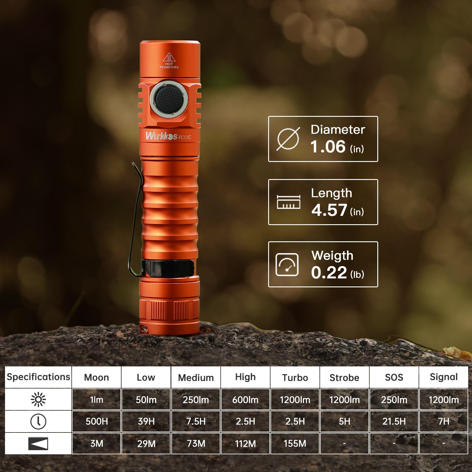 Wurkkos FC11C LED Flashlight - 1200 Lumen, IP67 Waterproof, Magnetic Tailcap, Orange 4000K, EDC Compact Design