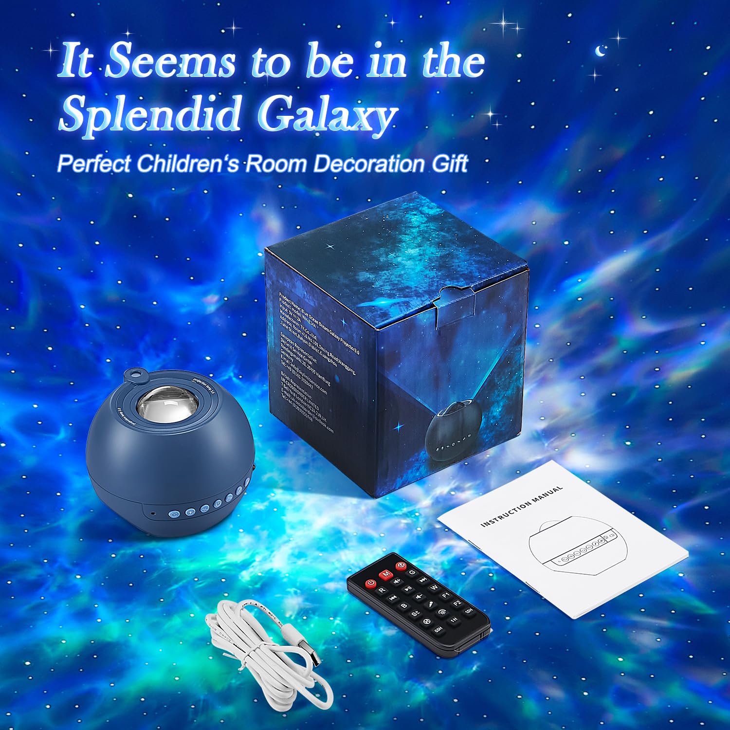 One Fire Lava Lamp & Sound Machine for Kids - Bluetooth Night Light, Nebula Projector, Blue, Model WH-E14A