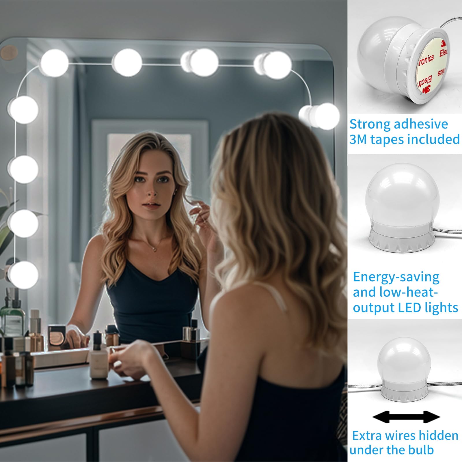 Led Vanity Mirror Lights With 12 Stick On Dimmable Bulbs, 3000K 4500K 6500K & 10 Brightness Levels Adjustable, Plug In Usb Cable