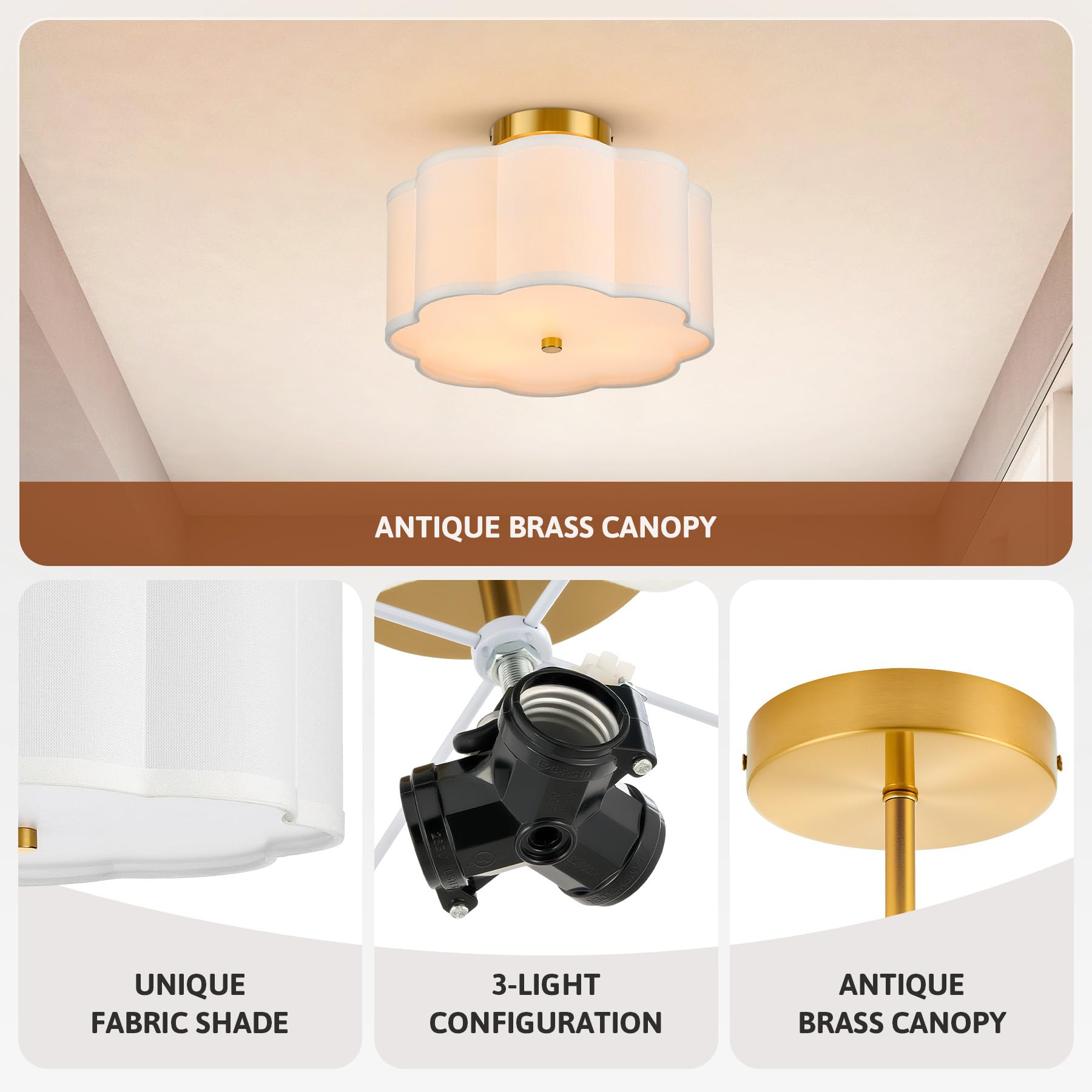 Vonluce Semi Flush Mount Ceiling Light, 13'' Ceiling Light Fixture With Flower-Shaped Fabric Shade, 3-Light Modern Light Fixture