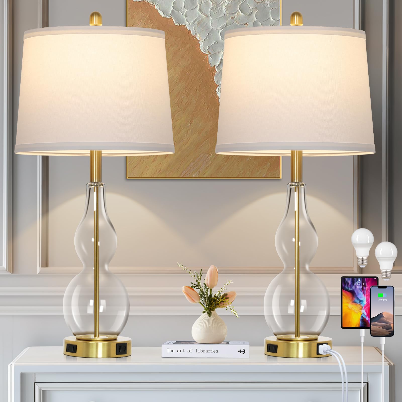 Rinweey 27.5 Clear Glass Table Lamp Set of 2 3-Way Dimmable Touch Control Bedside Lamps with USB Ports and AC Outlet  Modern Nightstand Lamps Gold lamp for Bedroom Living Room