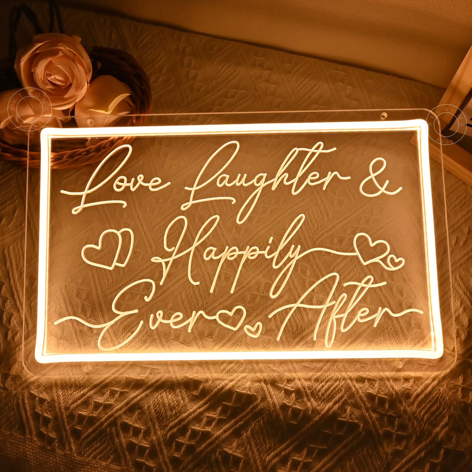 SYLHOME Led Neon Light Sign, Warm White Acrylic, 15.75in X 9.84in, Love Laughter Happily Ever After Decor for Home, Bedroom, Party