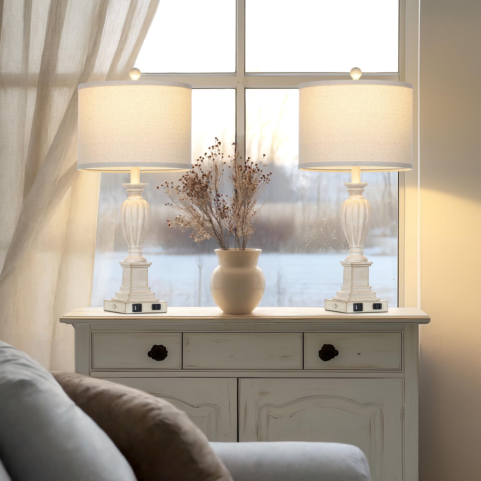 Cinkeda 27'' Farmhouse Table Lamps Set Of 2 With Usb C+A Ports & Ac Outlet For Vintage Living Room Retro Bedroom,3-Way Dimmable