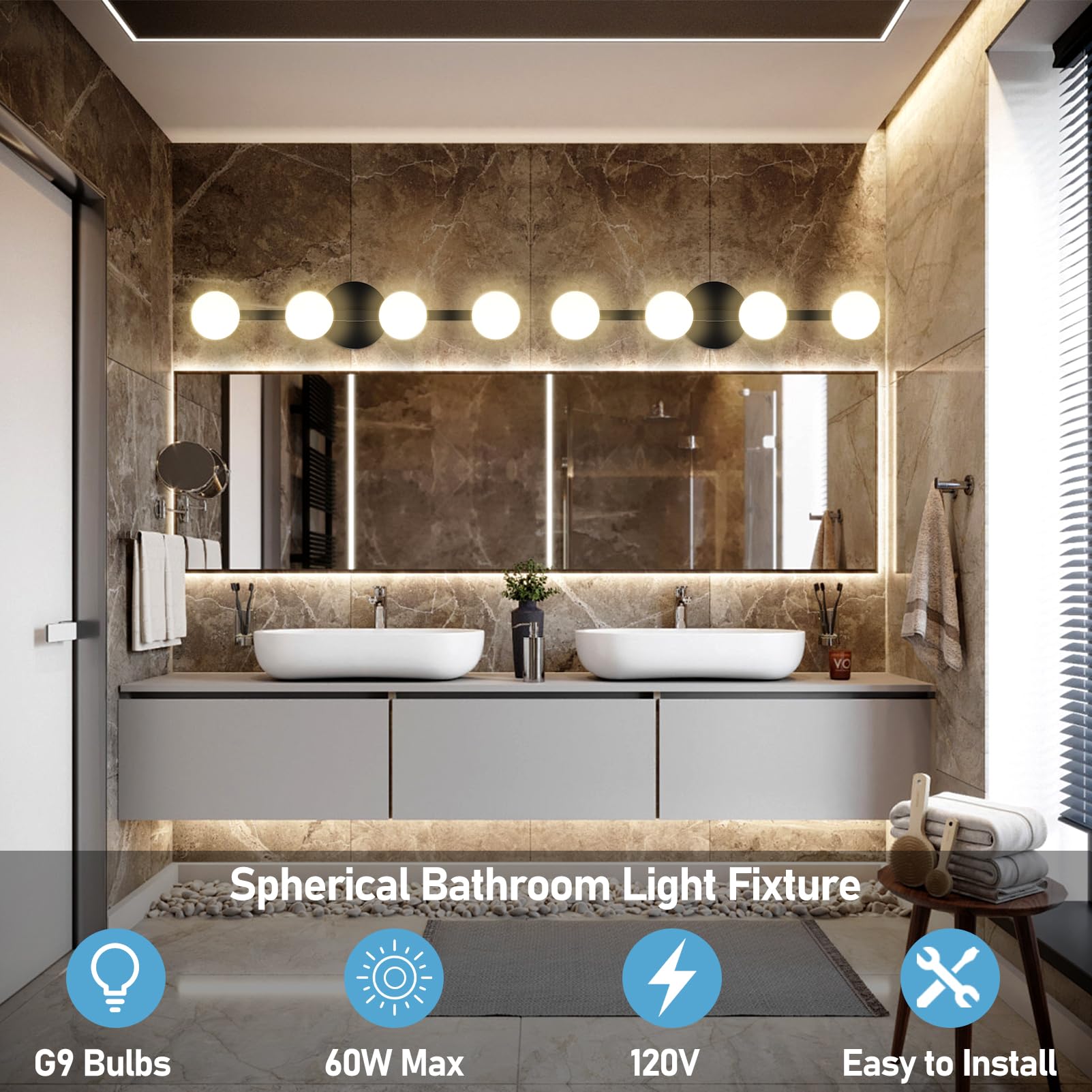 Lightdot 26'' 4-Light Modern Bathroom Vanity Light | Matte Gold Straight Frame With White Globe Water/Shatterproof Shades | Dimm