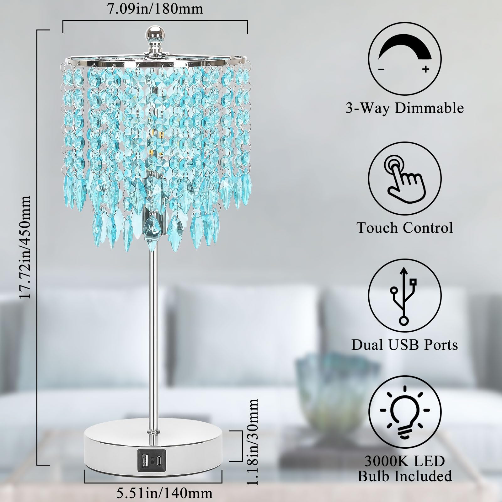 Boncoo Crystal Table Lamp, Teal Shade, Touch Control, 3-Way Dimmable, Metal, Dual USB Ports, LED Bulb Included