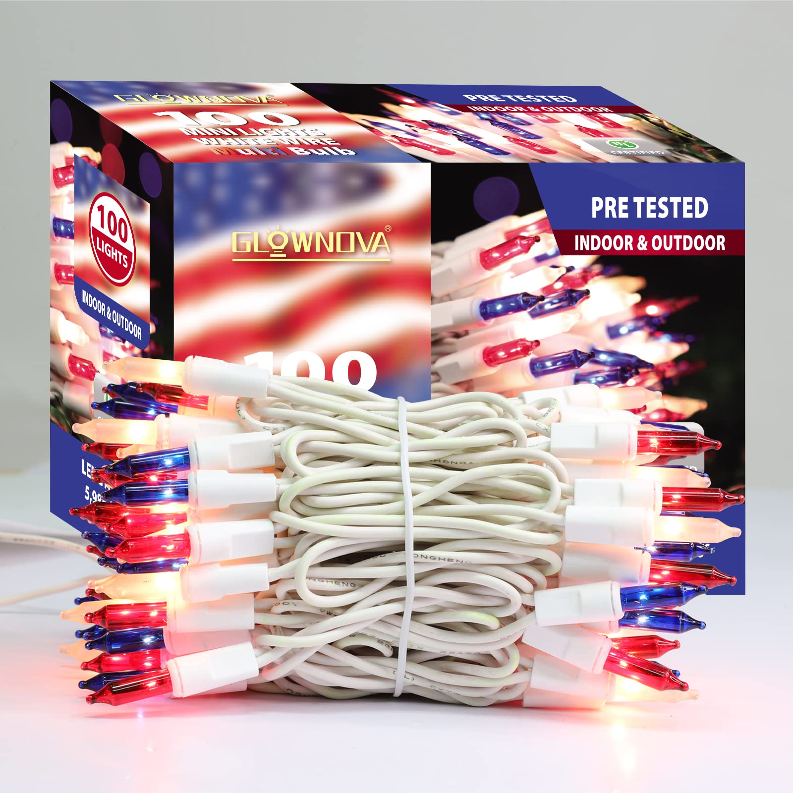 GLOWNOVA Patriotic String Lights, 100 Count 19.6 FT July 4th Mini White Wire Fairy Lights, 120V UL Certified Connectable Incande