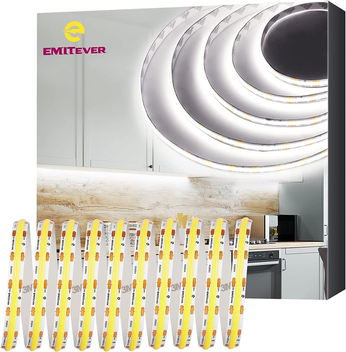Emitever 25Ft Cob Led Strip Lights 5000K Cool White, Ul Listed, 300+ Lumens/Ft,