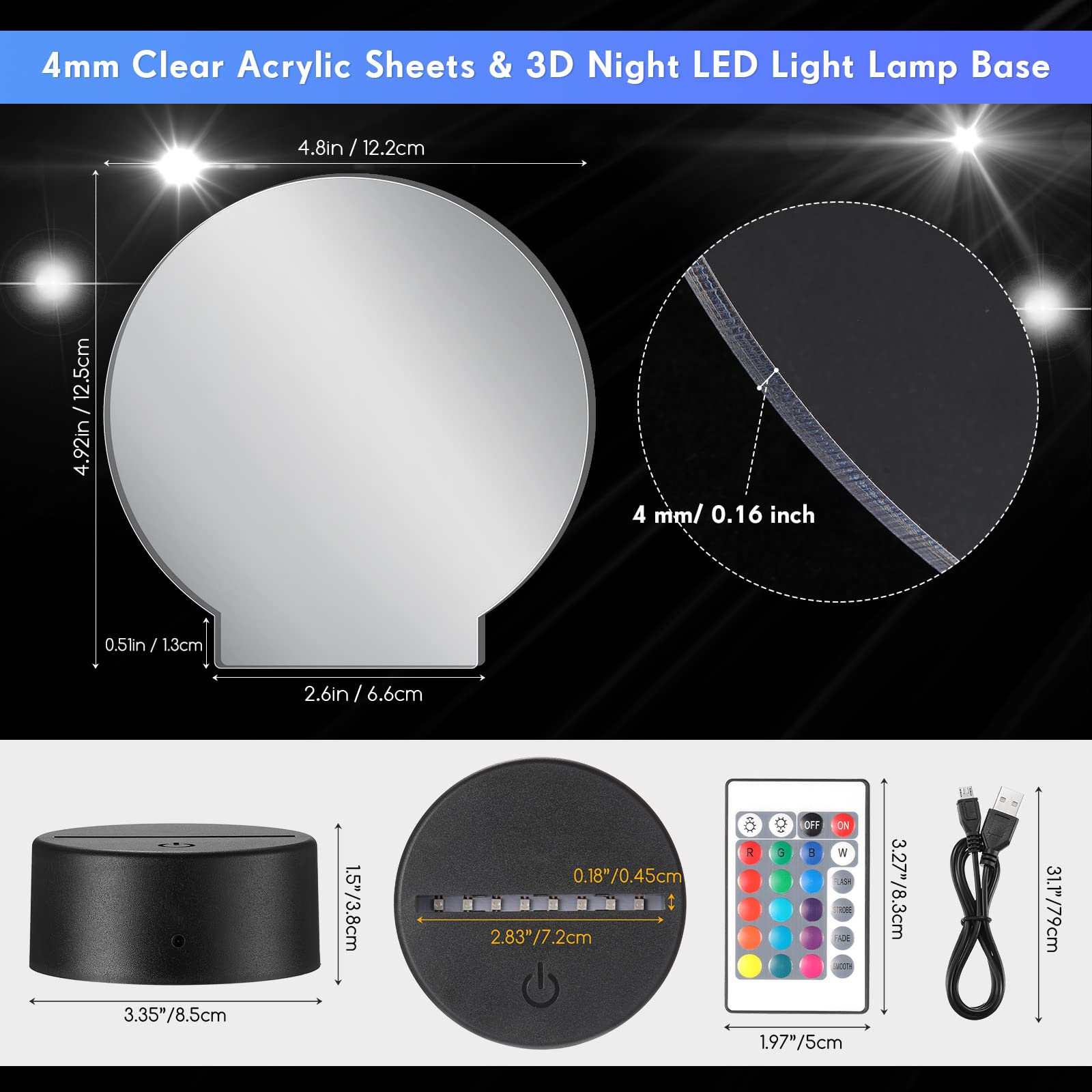 Riakrum Acrylic Lamp Base Set - 12 Clear Acrylic Sheets & 12 LED Light Bases with Remote Control - Ideal for Restaurant & Cafe Decoration - Black