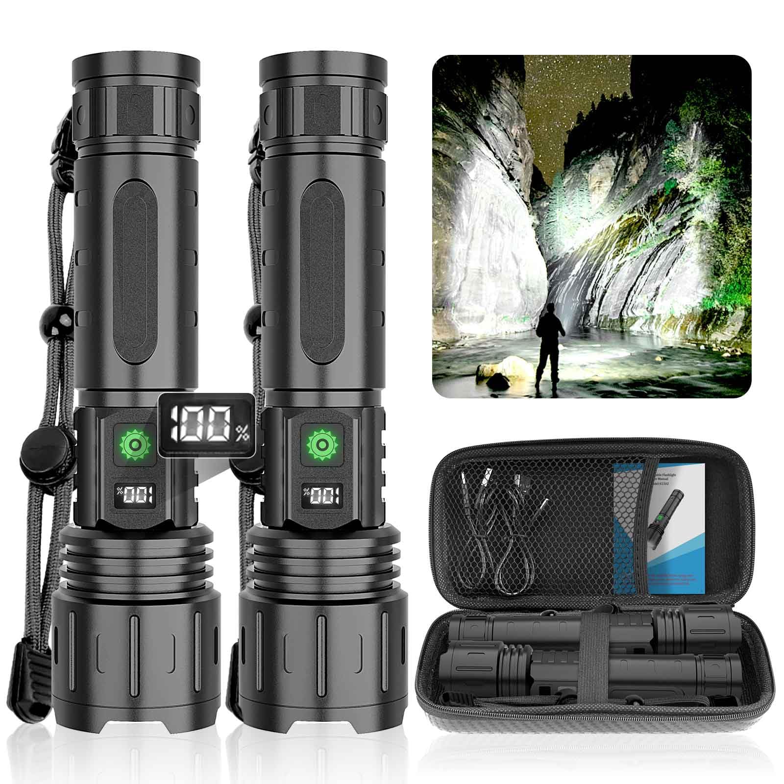 Rechargeable LED Flashlights High Lumens,20000 Lumens &1500 Meters Super Bright Tactical Flashlight with 5 Modes,Waterproof,Powe