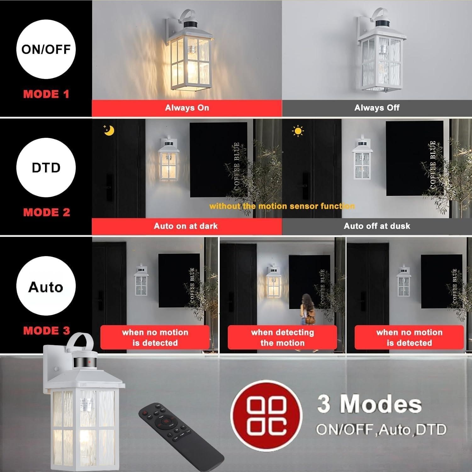 YJXGDIL Outdoor Porch Lights with Remote Control, Motion Sensor, 3 Lighting Modes, Metal, 2 Pack, White RW, Model H2001-2W-RW