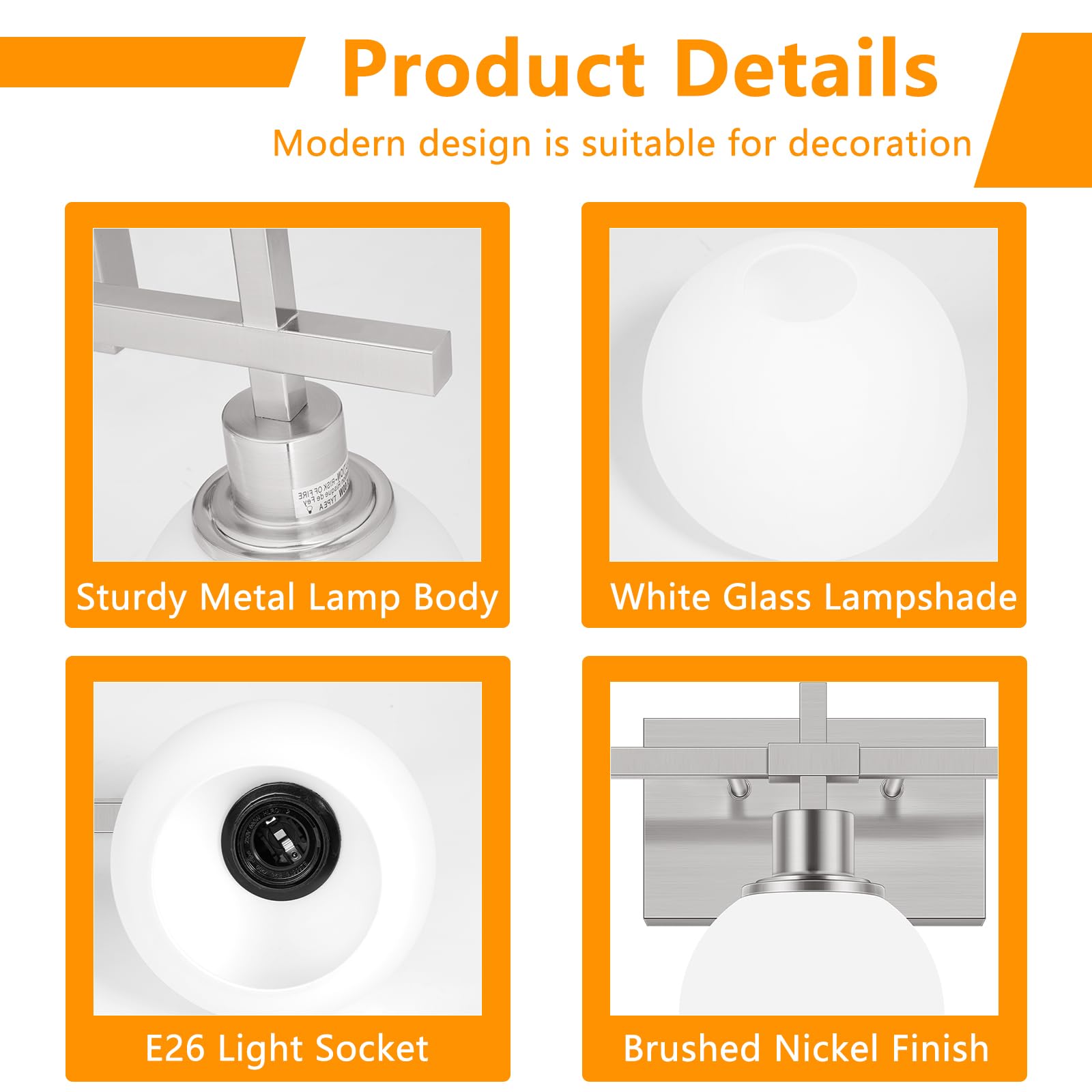 Dpyrrhic 3-Light Bathroom Vanity Lighting Fixtures, Brushed Nickel, Metal, JD-191, Milky White Glass Lampshade