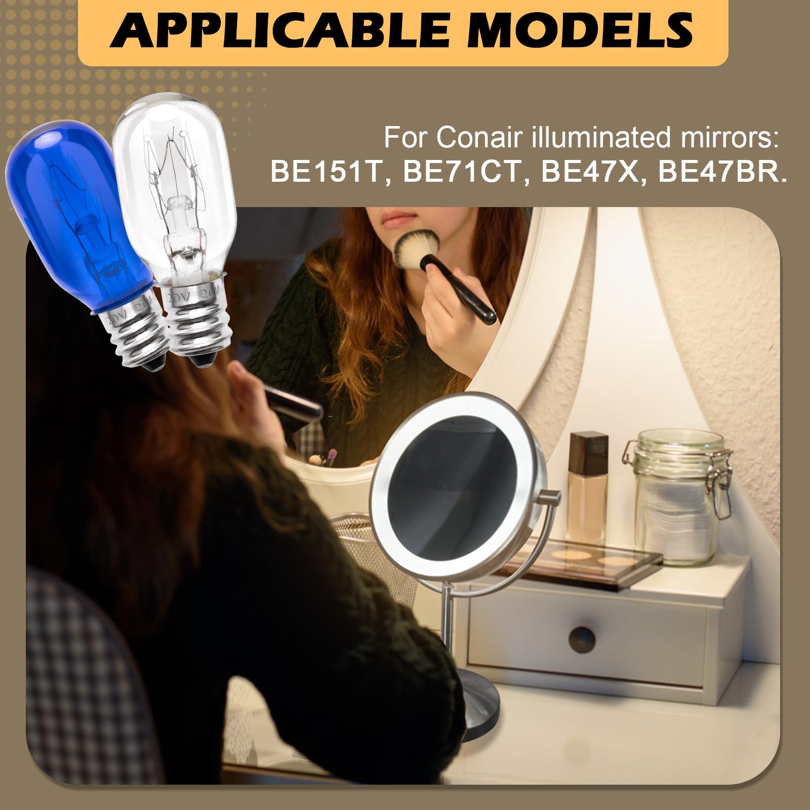 Verplexter E12 T20 Lighting Makeup Mirror Bulb Replacement, Clear Glass, Model RP34B, 120V, 2 Transparent & 2 Blue Bulbs