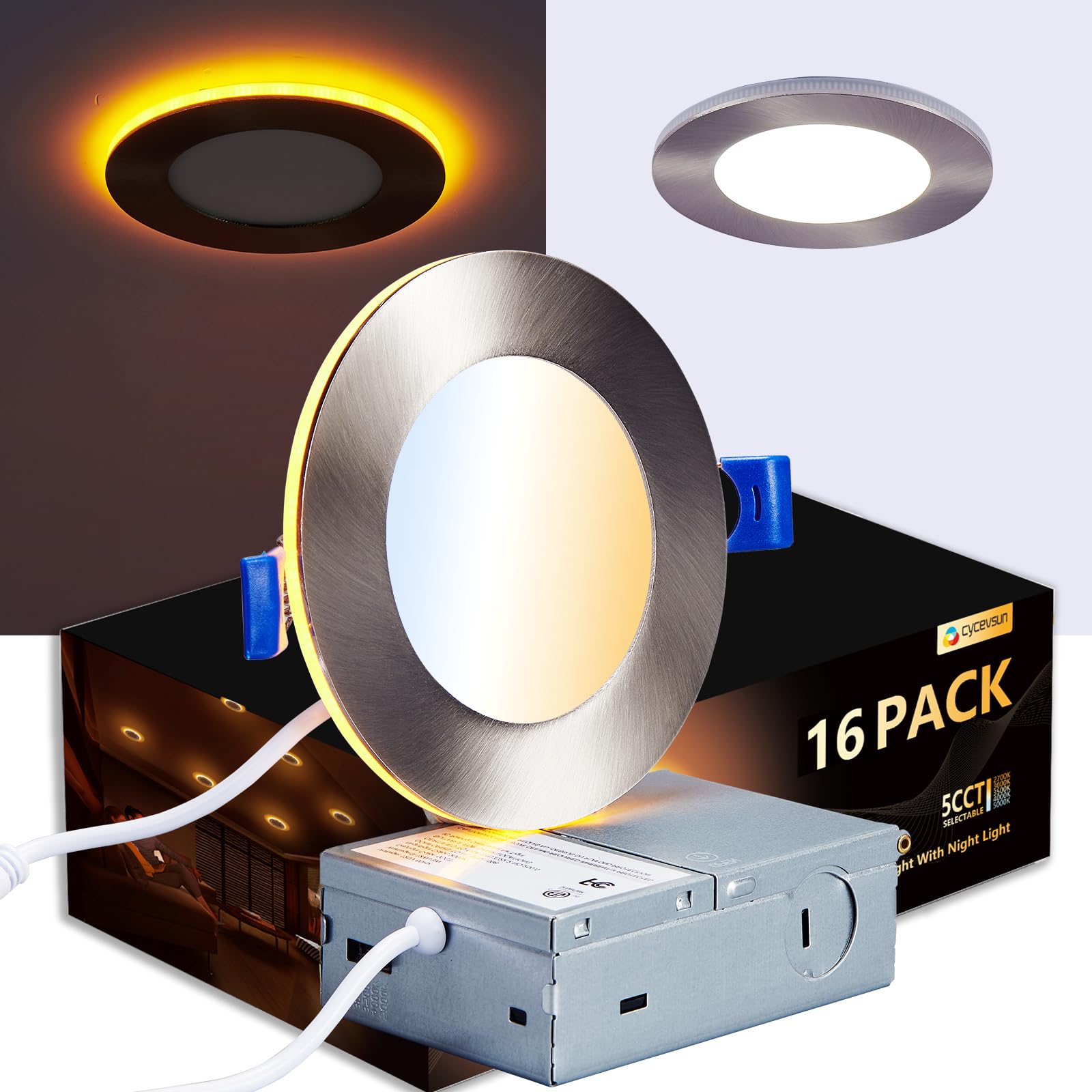 CycevSun Brushed Nickel Recessed Lighting 4 Inch with Night Light 16 Pack, Canless Ultra Thin Wafer Downlight Outdoor Exterior S