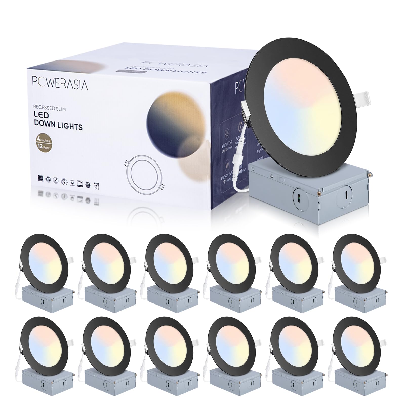 POWERASIA 12 Pack Recessed Lighting, 4 Inch, Dimmable LED, 5CCT, 9W, Ultra Thin, Black, ETL and Energy Star Certified