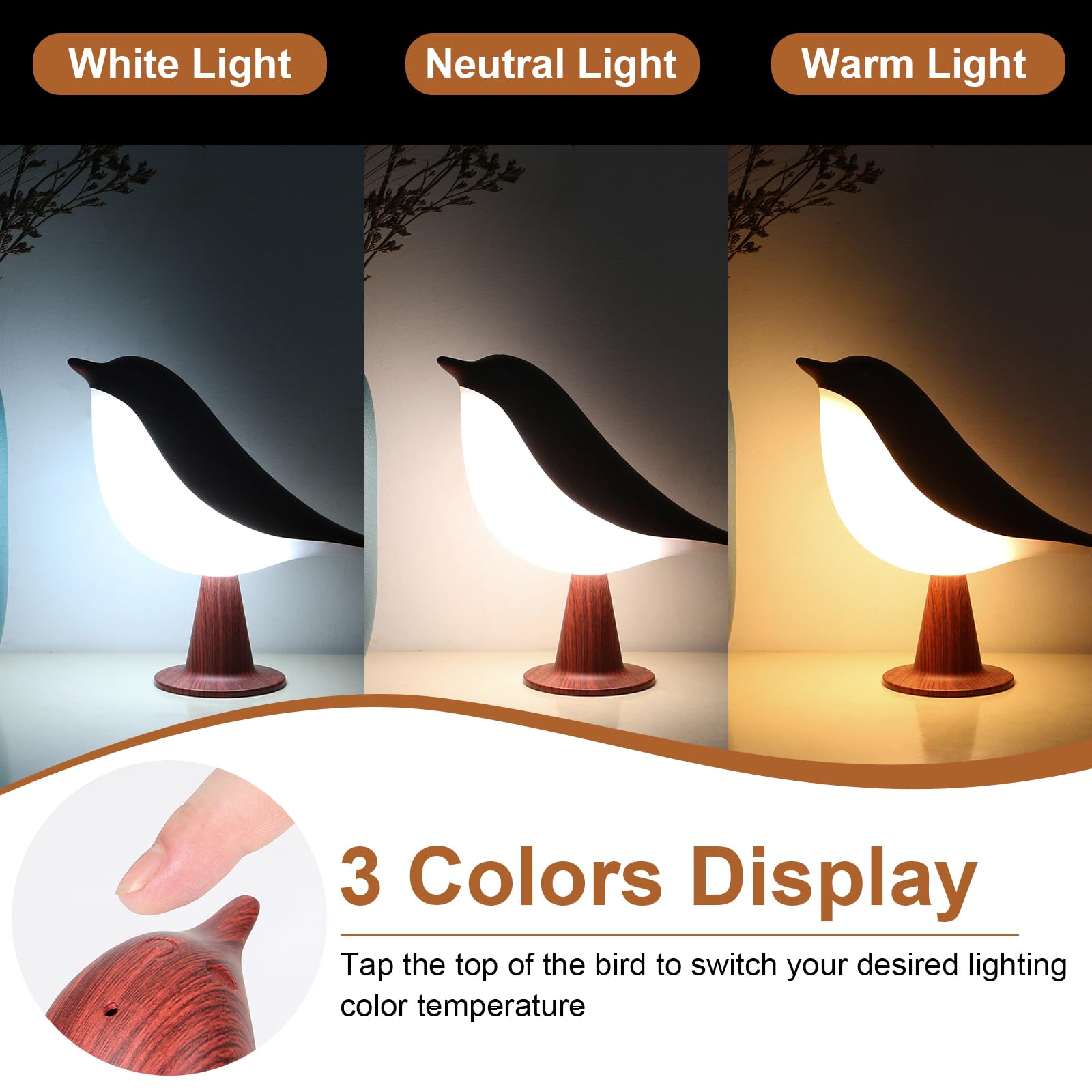 Vomii Small Bird Table Lamp, Cordless Desk Lamp, Touch Control & 3-Color Dimmable, Bedside Lamp, Rechargeable Battery Lamp, Cold/Warm Night Light, Portable Cute Lamp For Bedroom, Home/Office Decor