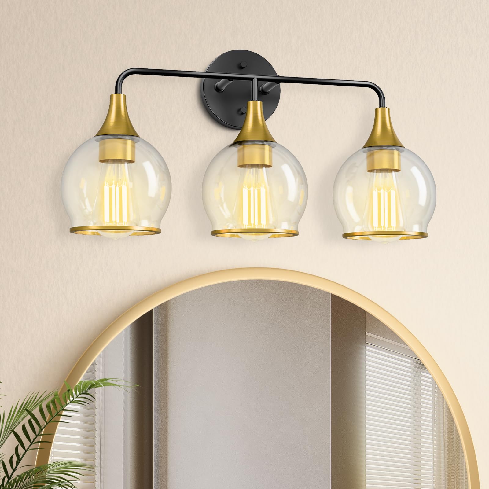 Lightania Bathroom Light Fixtures, 3-Light Vanity Lights With Clear Globe Glass Shade, Modern Black And Gold Bathroom Vanity Lig