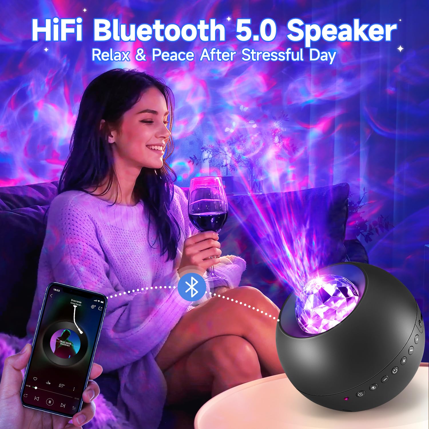 Galaxy Light Projector, 210 Light Effects Ceiling Projector,15 White Noise Galaxy Projector For Bedroom Adults,Hifi Bluetooth Ga
