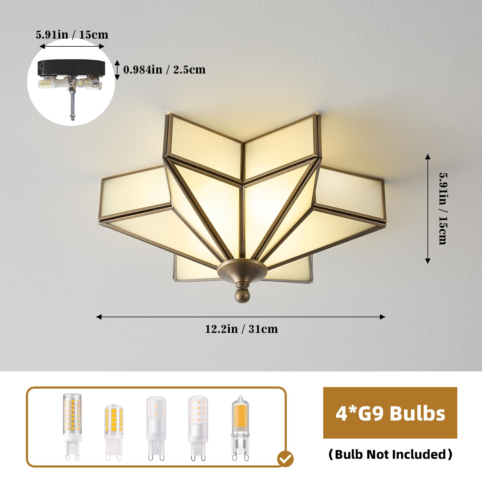 Star Glass Bronze Ceiling Light - Small 12 Inch Brass Black Flush Mount Fixture - Unique Art Deco Vintage Modern Milk Lighting Lights For Bedroom Dining Entry Hall Hallway Outdoor Porch Fixtures