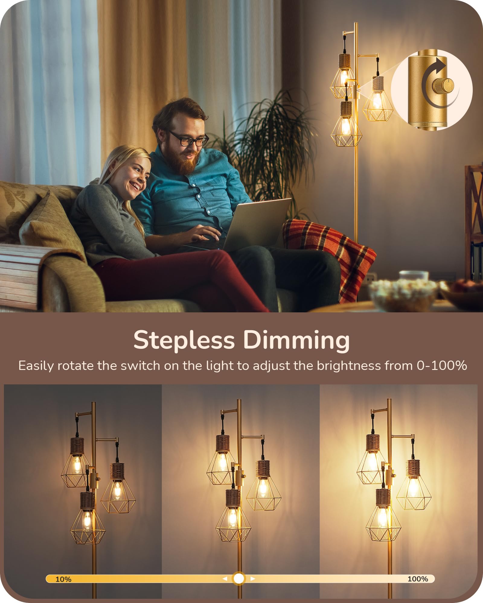 EDISHINE Dimmable Industrial Floor Lamp, Gold Farmhouse Design with 3 LED Edison Bulbs, Rustic Rattan Reading Light for Living Room & Office