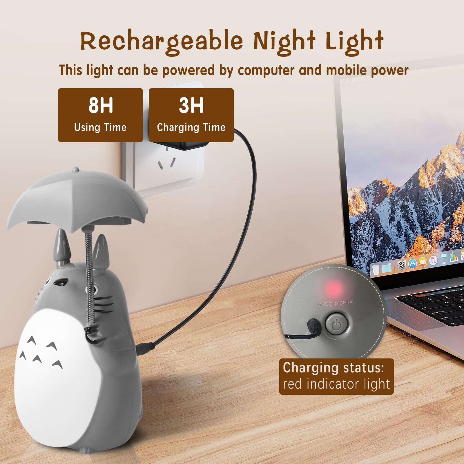 BATVOX Totoro Umbrella LED Night Light Lamp USB Charge - White Belly, Model BT-1014, Bonus Totoro Tumbler for Kids
