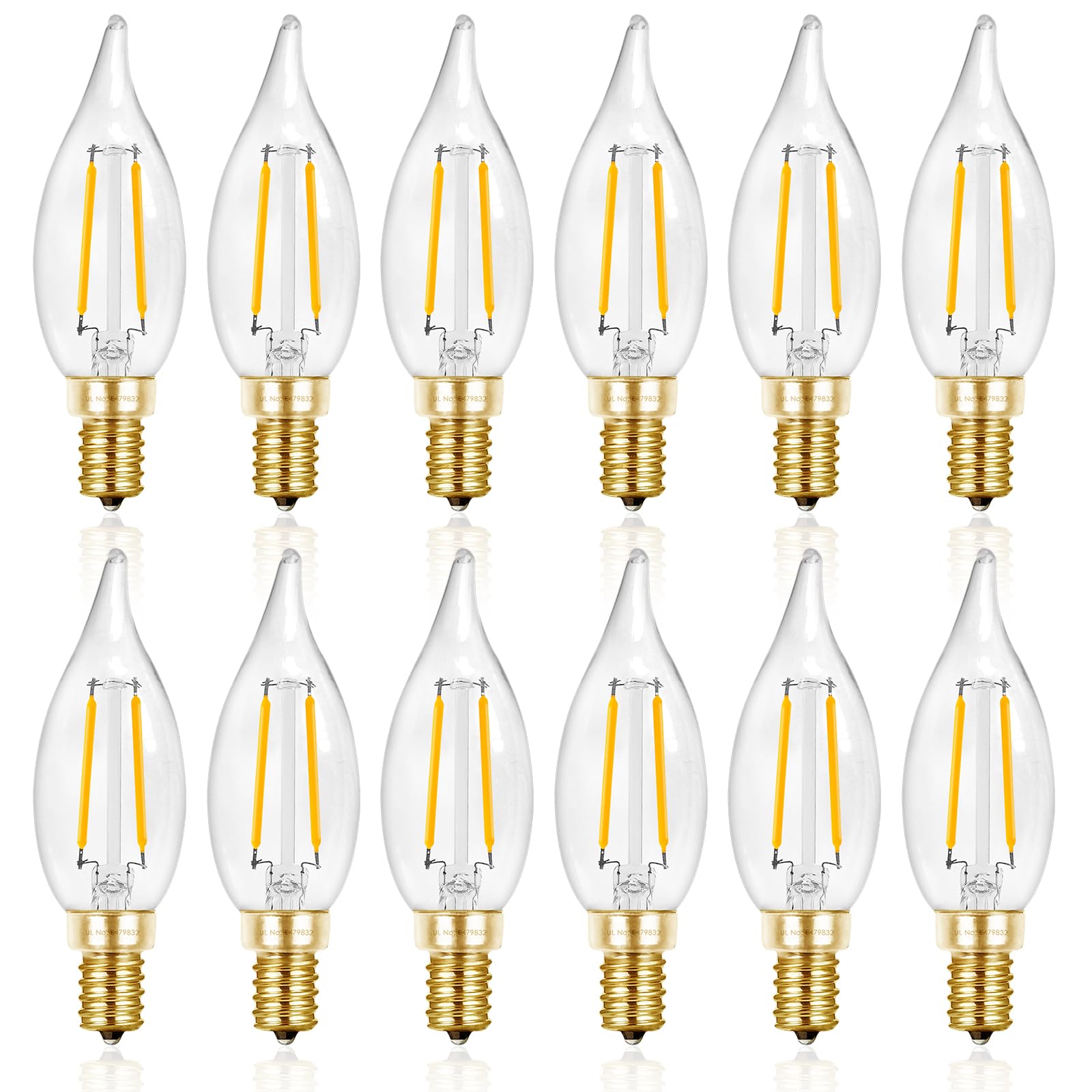 Hizashi 90+ Cri Dimmable E12 Led Candelabra Bulb 25W Equivalent, 2700K Soft Warm White, 12 Pack, Glass, Ca10 Flame