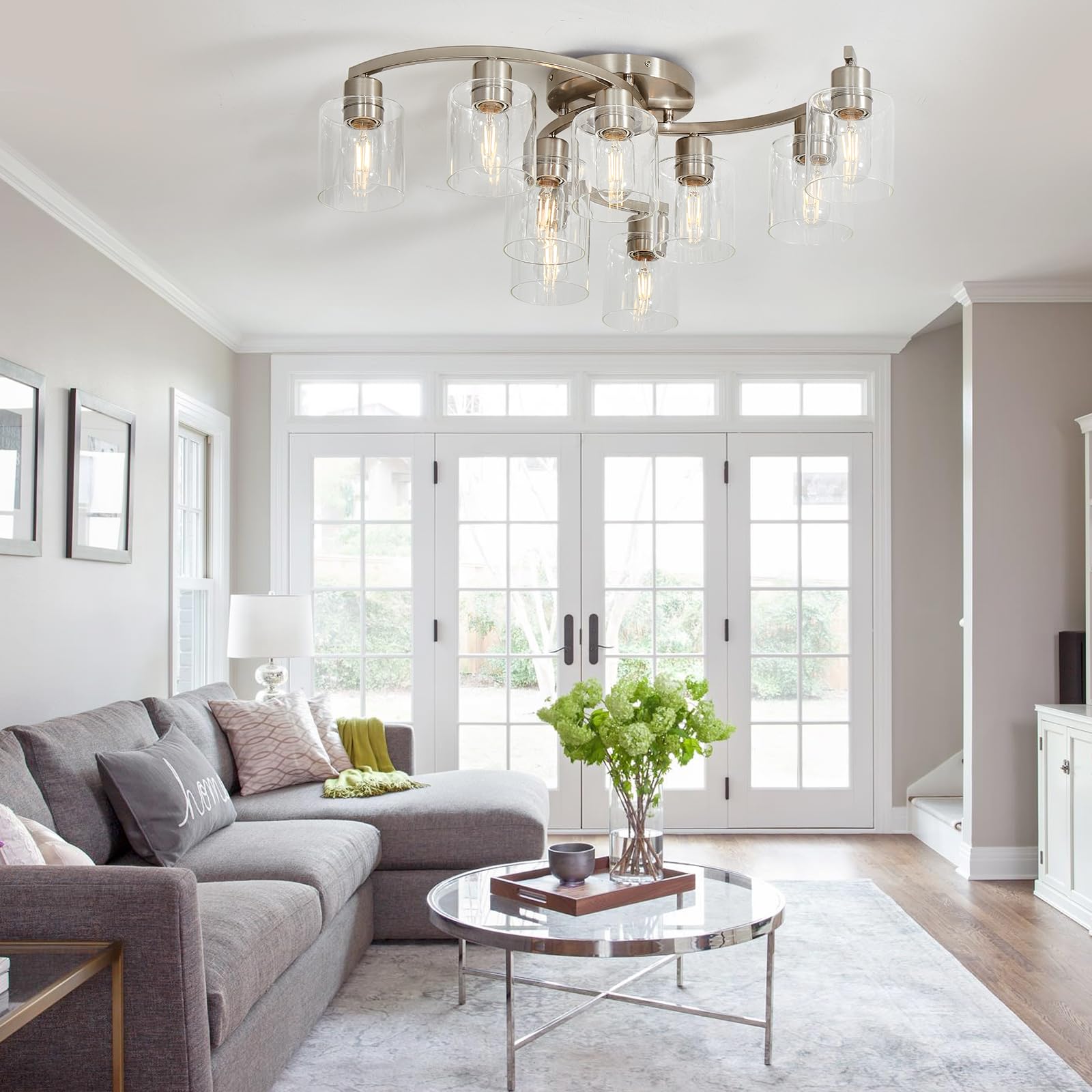 Eatich 9-Light Semi Flush Mount Ceiling Light, Modern Brushed Nickel Ceiling Light Fixture, Dining Room Light Fixture With Clear