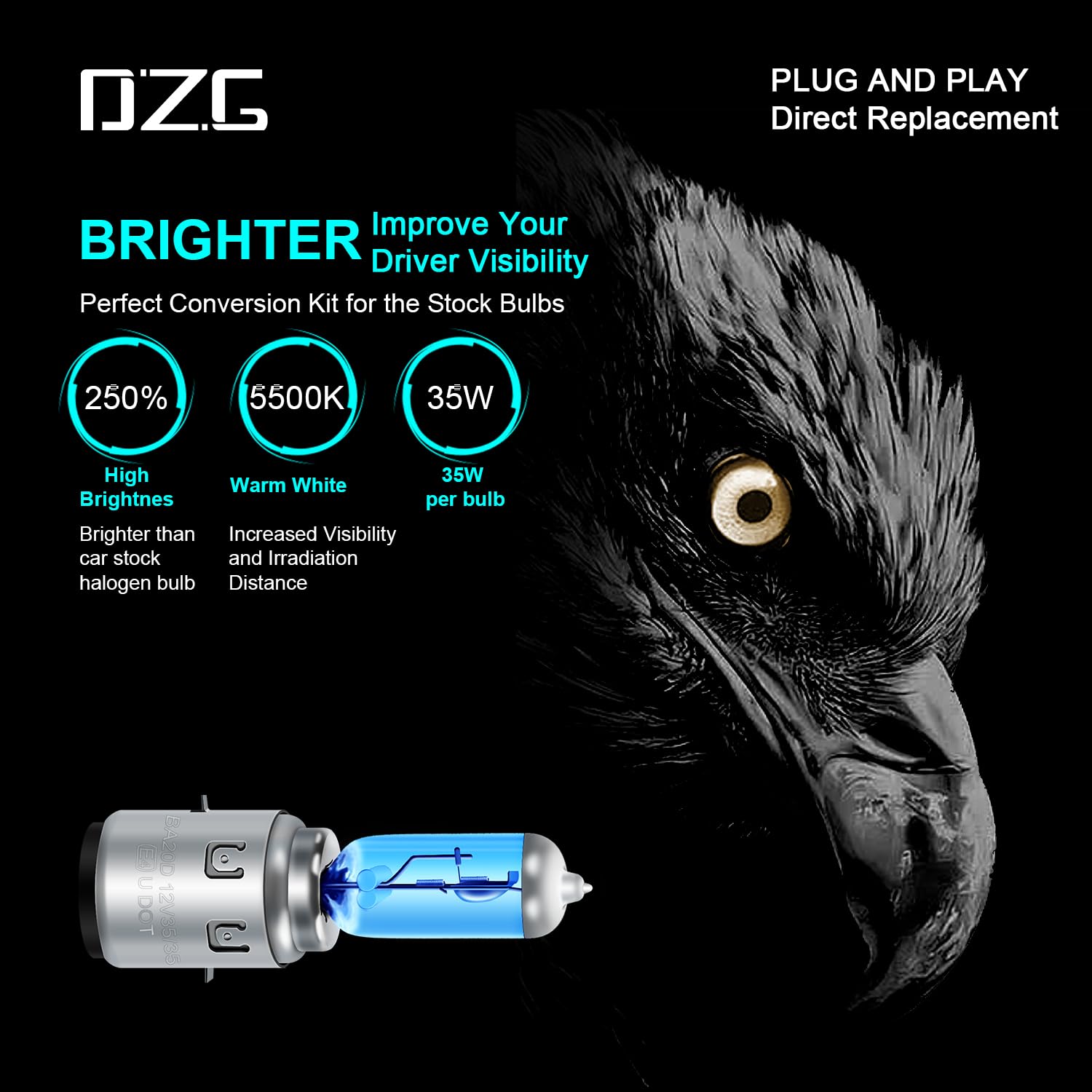 DZG Halogen Bulbs 12V 35/35W Warm White BA20D Motorcycle Light Bulbs, Pack of 2