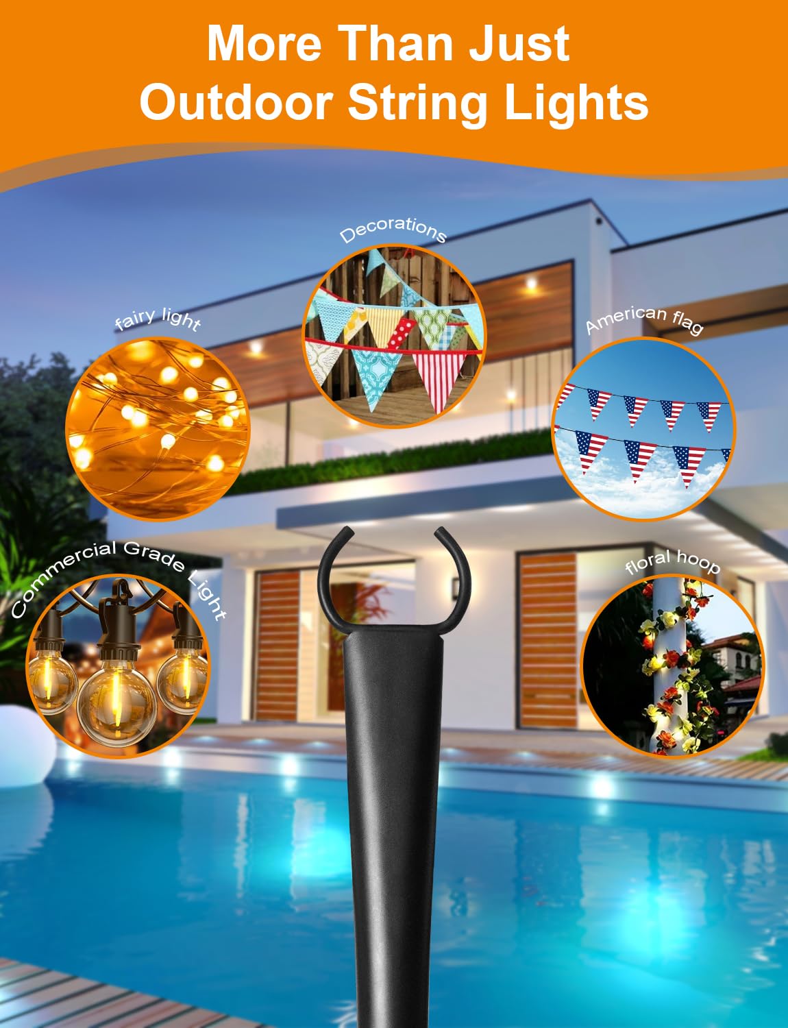 Fussion 6 Pack String Light Poles - Thickened Metal Hanger for Outdoor Decor, Black, Model UGL24081403