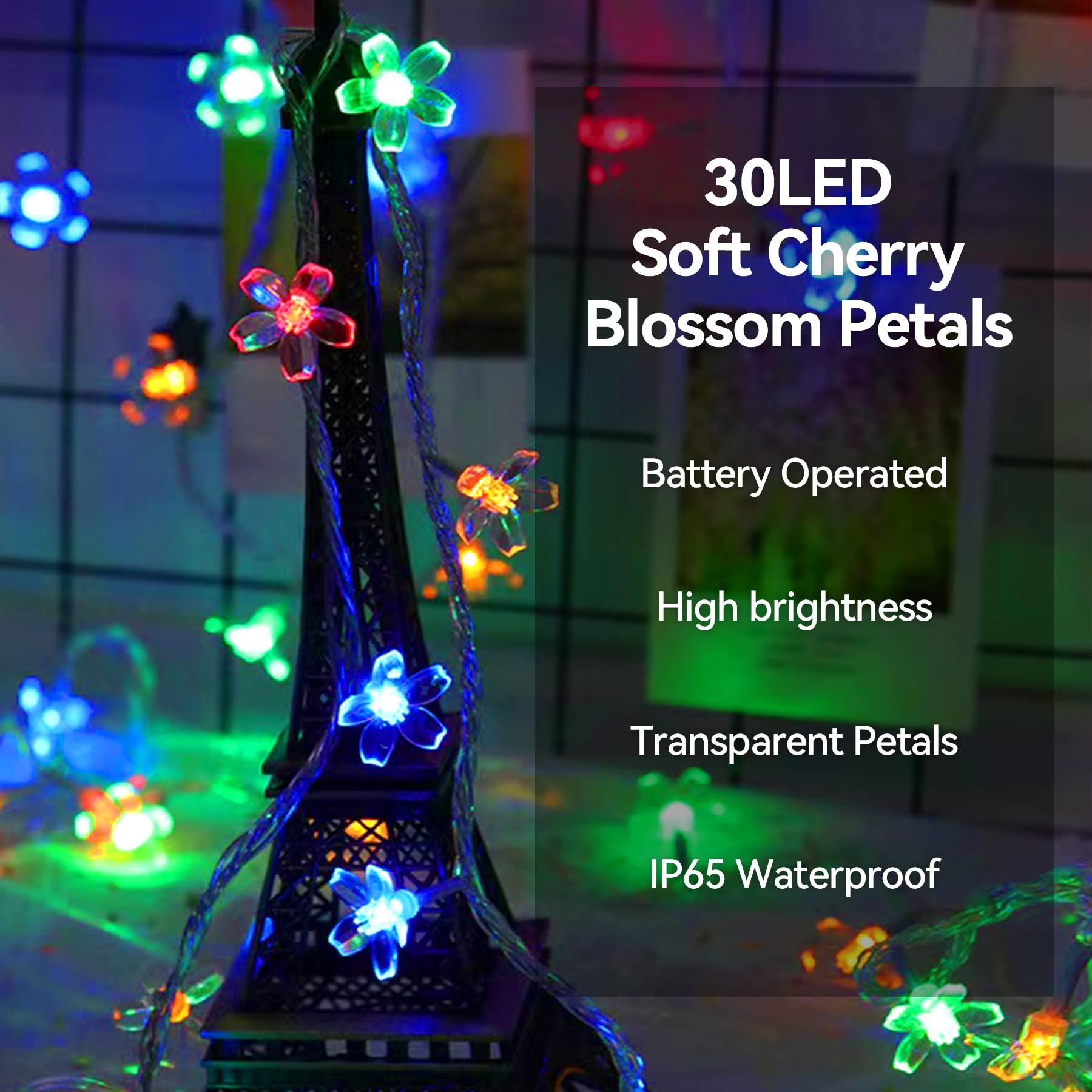 Lightop Flower Fairy Lights Battery Operated String Lights 30Led Cherry Blossom Waterproof Indoor Easter Decoration For Camping,Garden Fence,Birthday,Christmas,Wedding Party,Bedroom (Multicolor)