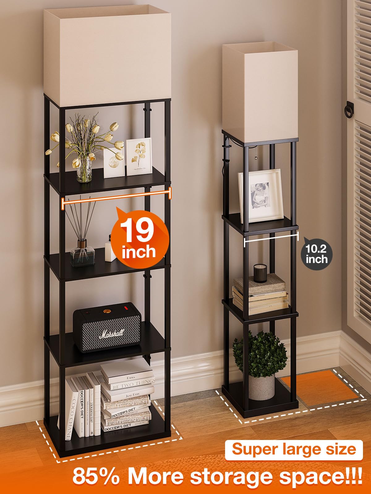 addlon Floor Lamp with Shelves, 19in W, 5-Tier, LED Bulb, Black, Modern Design for Living Room, Bedroom, Office