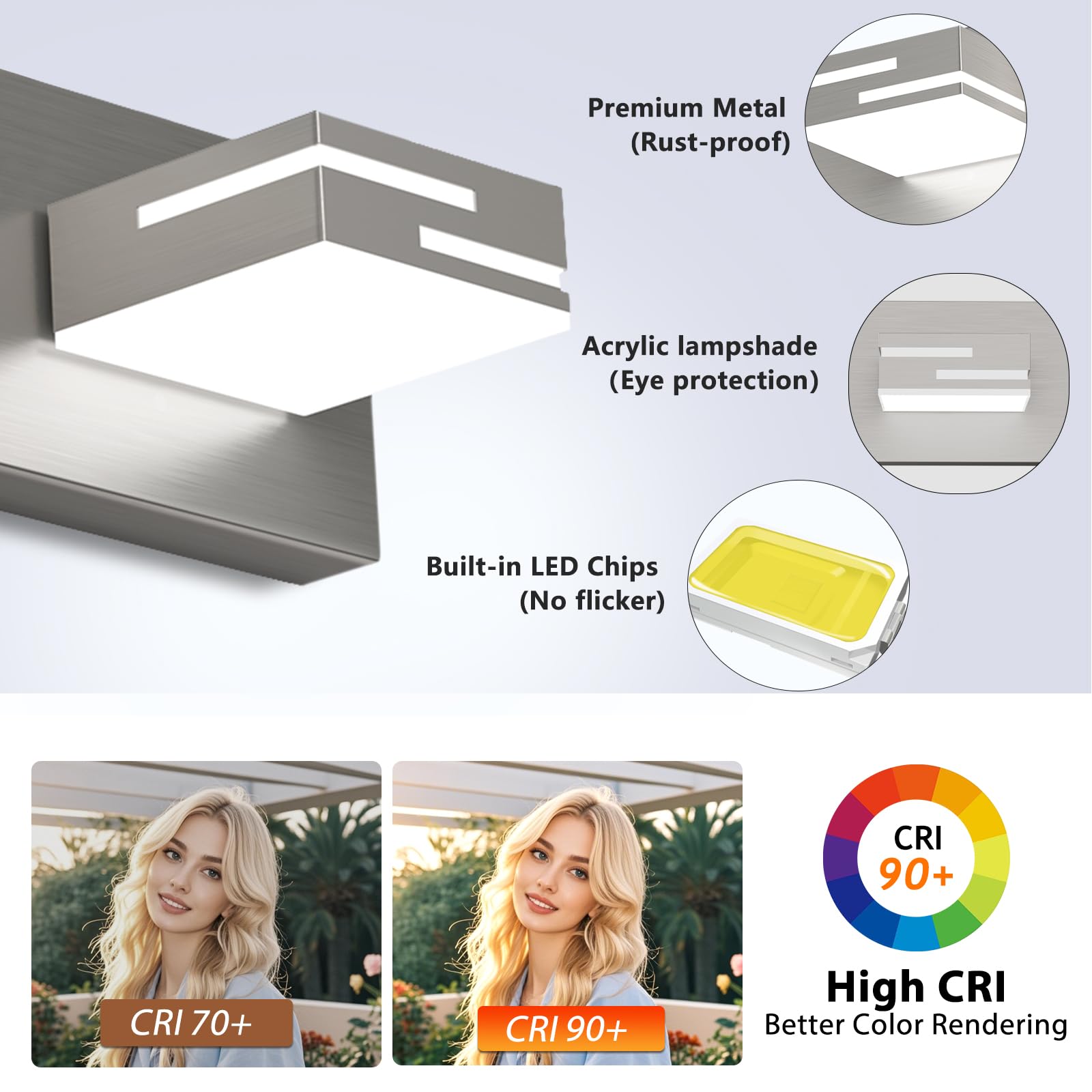 Lkhf Led Modern Bathroom Vanity Light Fixtures  5-Light 34-Inch Dimmable Brushed Nickel Vanity Lights For Bathroom Lighting Fixtures Over Mirror  With 350?Rotatable Acrylic Heads (Cool White 6000K)