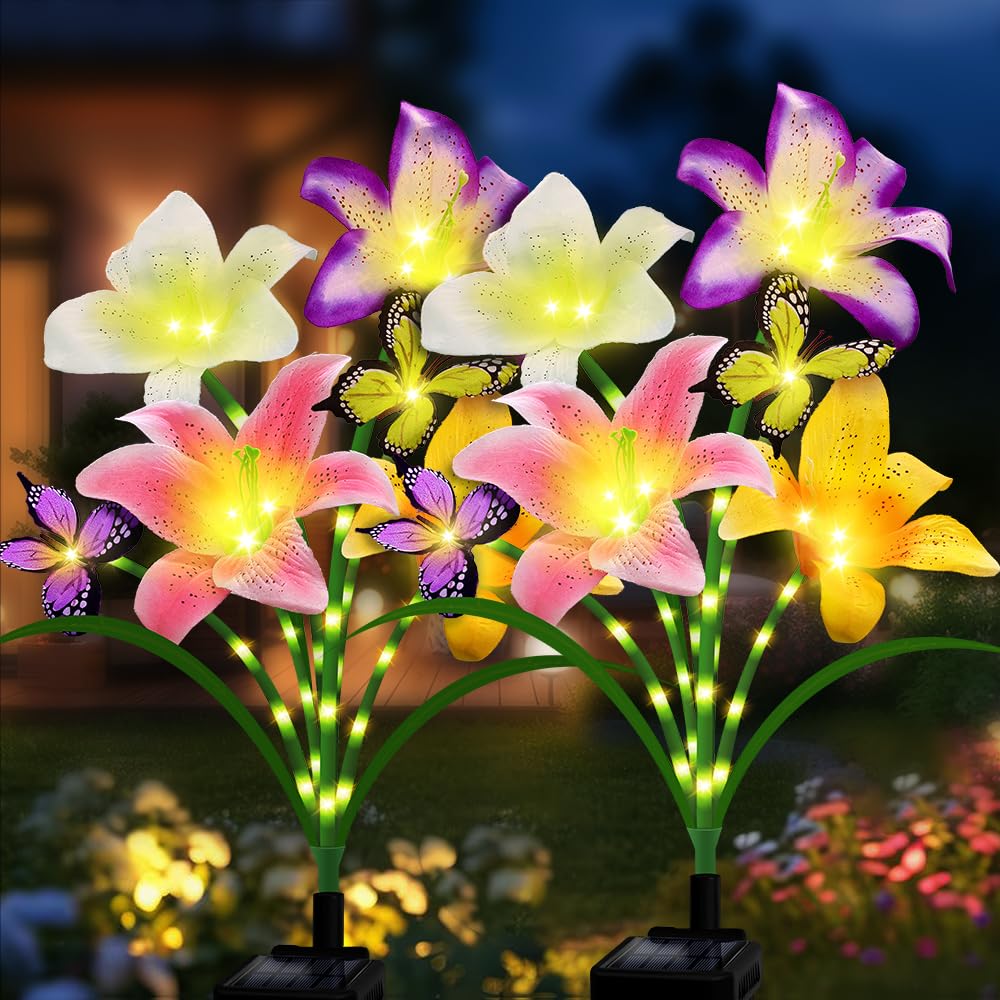 stadeco Solar Garden Lights 4 Pack LEDs Solar Lilies Flower Lights  Yard Patio Pathway Decoration High Flexibility Copper Wire Handmade Silk Artificial Flowers Never Wither  Gift for Family Friends