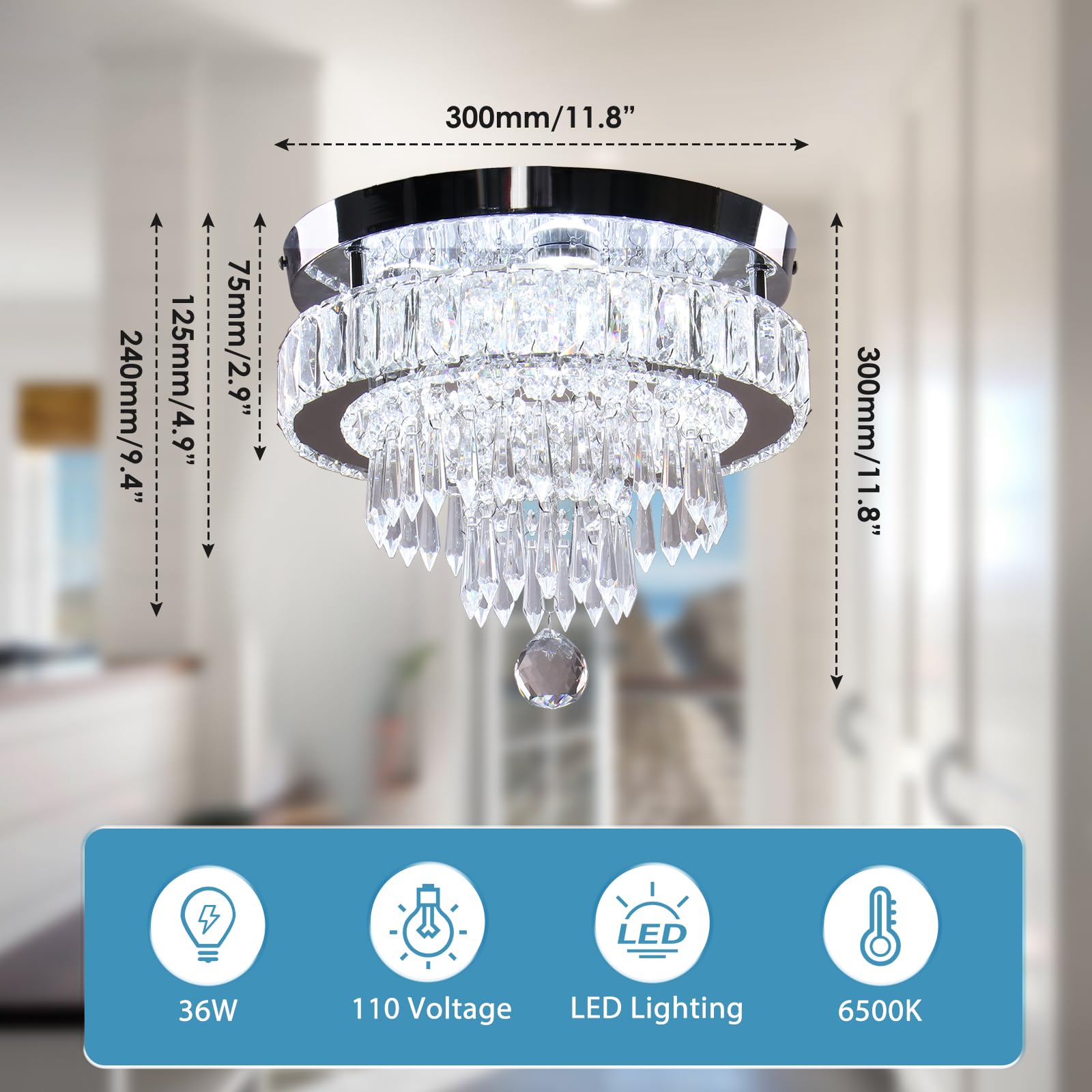 Cainjiazh 11.8" Modern Crystal Chandelier, Flush Mount Ceiling Light, Stainless Steel, Cool White, Model US-300DSJ