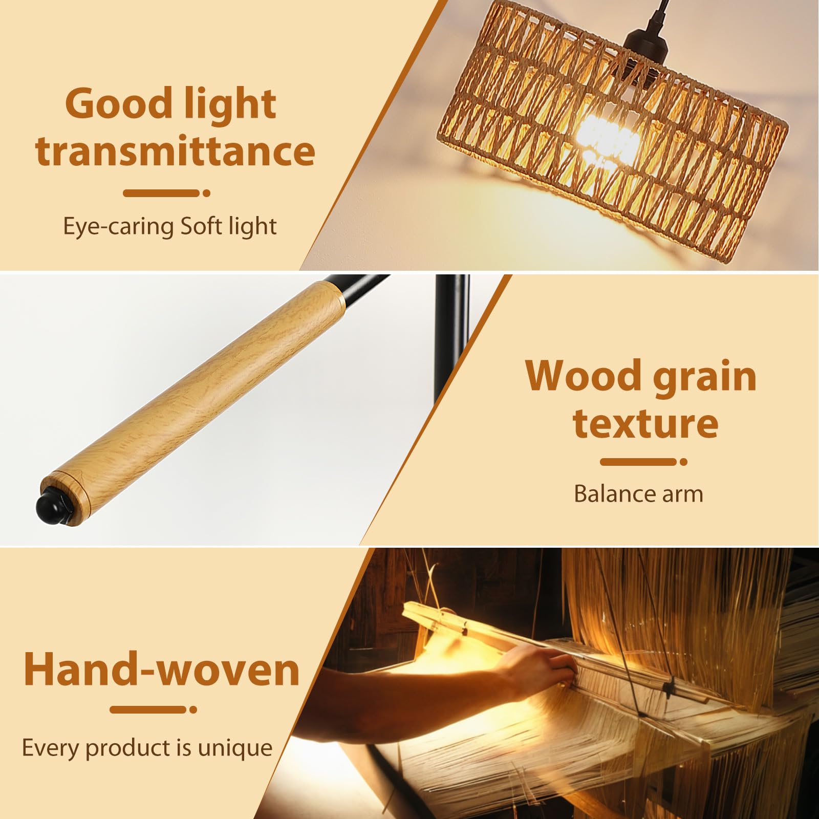 CASENKE Arc Boho Floor Lamp: 68 Rattan Tall Lamps with Remote and APP Control - Standing Black Floor Lampara with Dimmable LED B