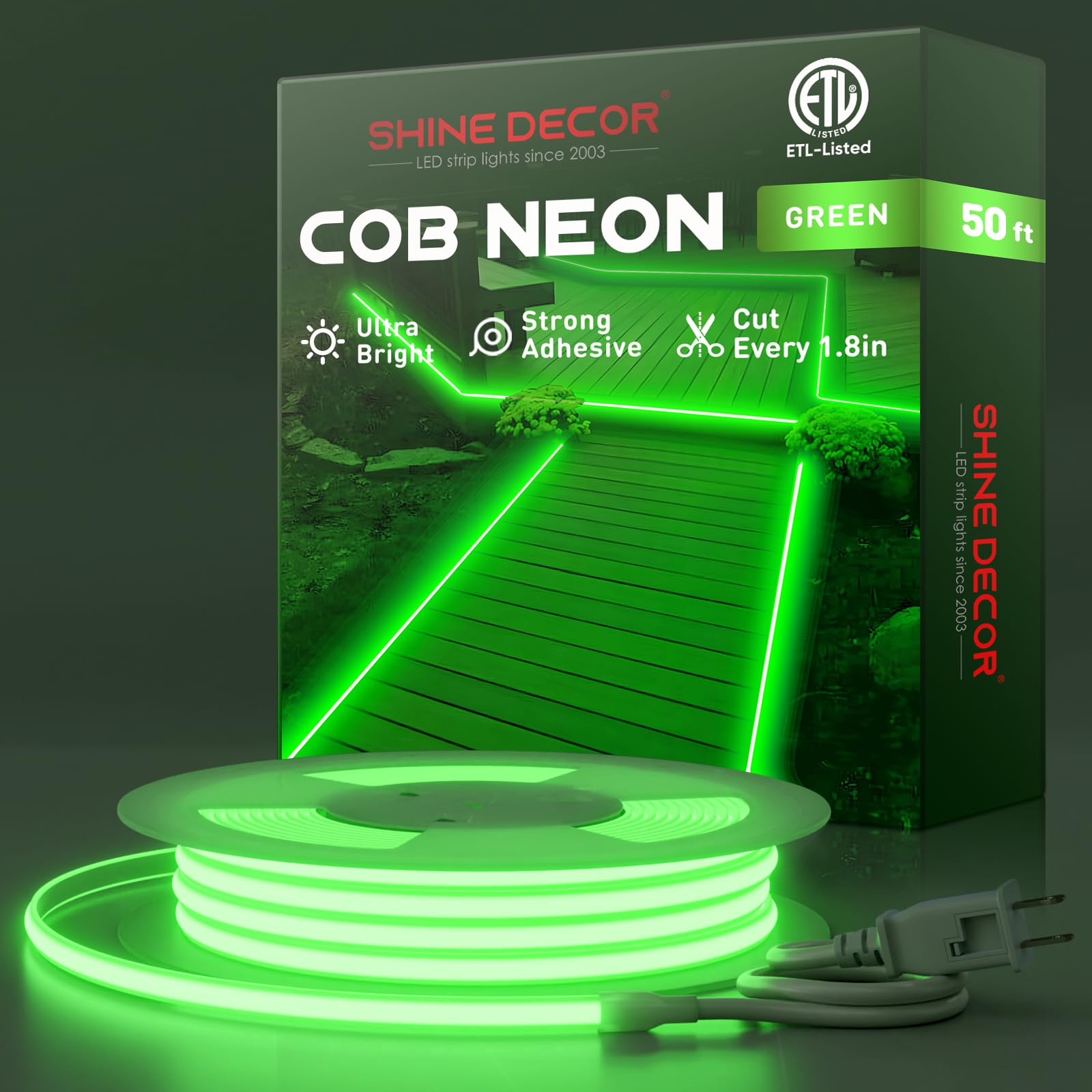Shine Decor Cob Led Rope Light Ac 120V  800Lm Ultra Bright  Ip65 Waterproof Cold-Resistant Etl Neon Strip  No Driver Tape Lighting For Home Commercial 10X4.5Mm  Green  50Ft