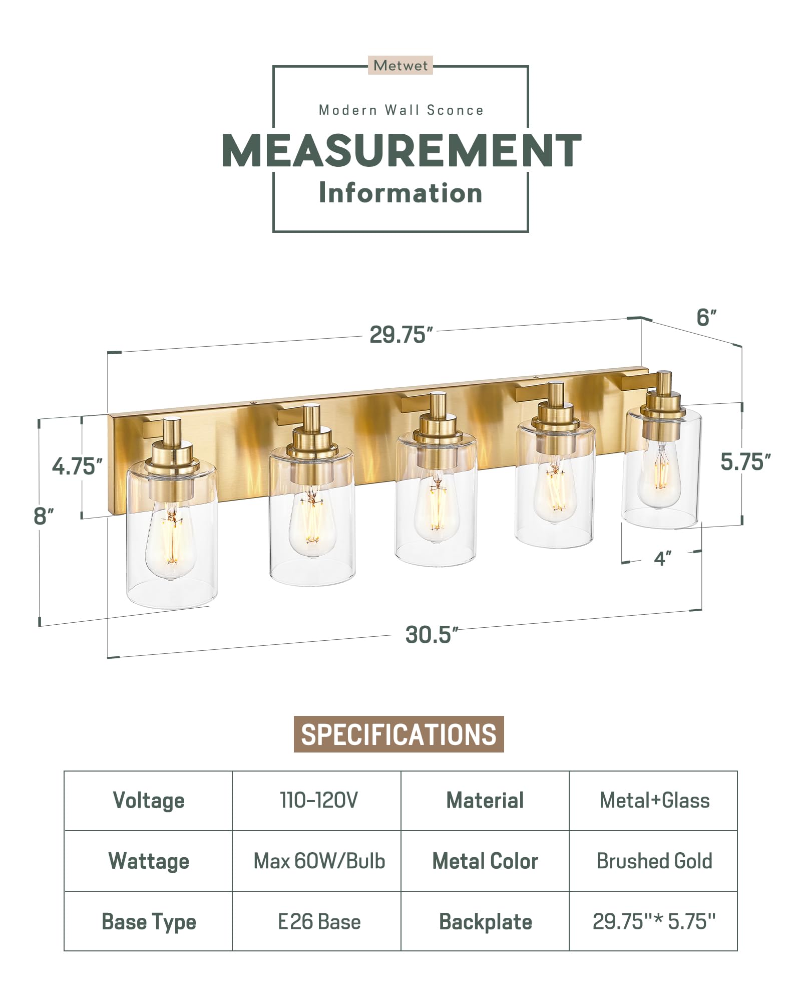 Metwet 5-Light Bathroom Light Fixtures  30 Inch Brushed Gold Vanity Light With Cylinder Clear Glass Shade  Modern Vanity Lighting Fixtures Over Mirror  Vl143-Bg-5