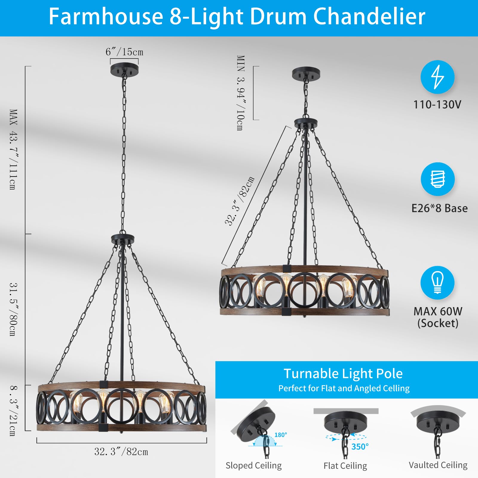 XINGQI 8-Light Modern Farmhouse Chandelier, Large Black Drum Pendant Light, Metal Shade with Wood Grain Finish for Living Room and Dining Room