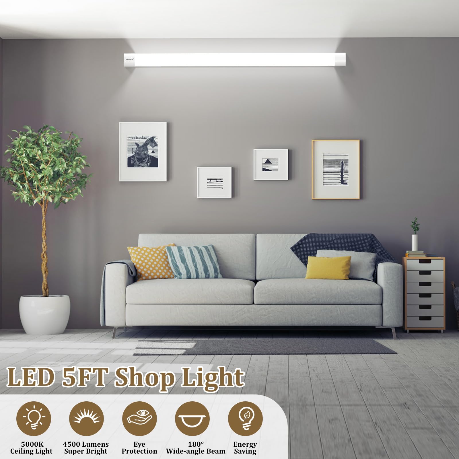 Airand Linkable Led Garage Light 5Ft Shop Lighting Fixture With Plug In Cord, Led Closet Lights 5000K Under Cabinet Lighting Tub