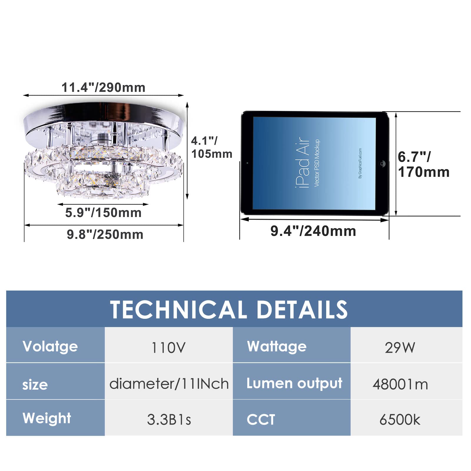 CXGLEAMING 11.4in Dimmable Crystal Chandelier LED Flush Mount Ceiling Light Fixture for Bedroom, Dining Room, Kitchen - Model CX-MC006-KB