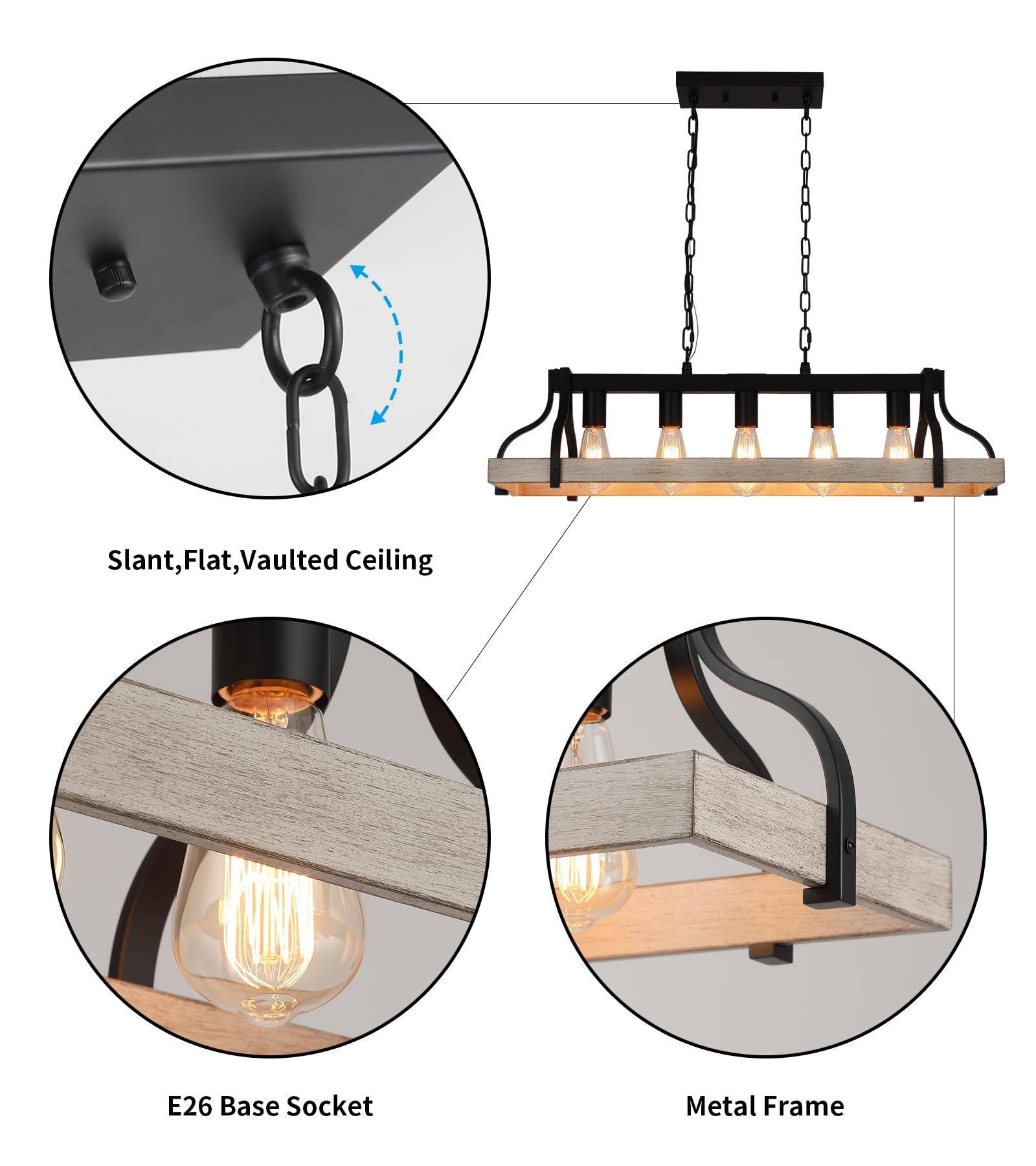 MEIXISUE 5-Lights Linear Chandelier - White Birch & Black Metal Finish, Farmhouse Industrial Lighting for Dining Room & Kitchen