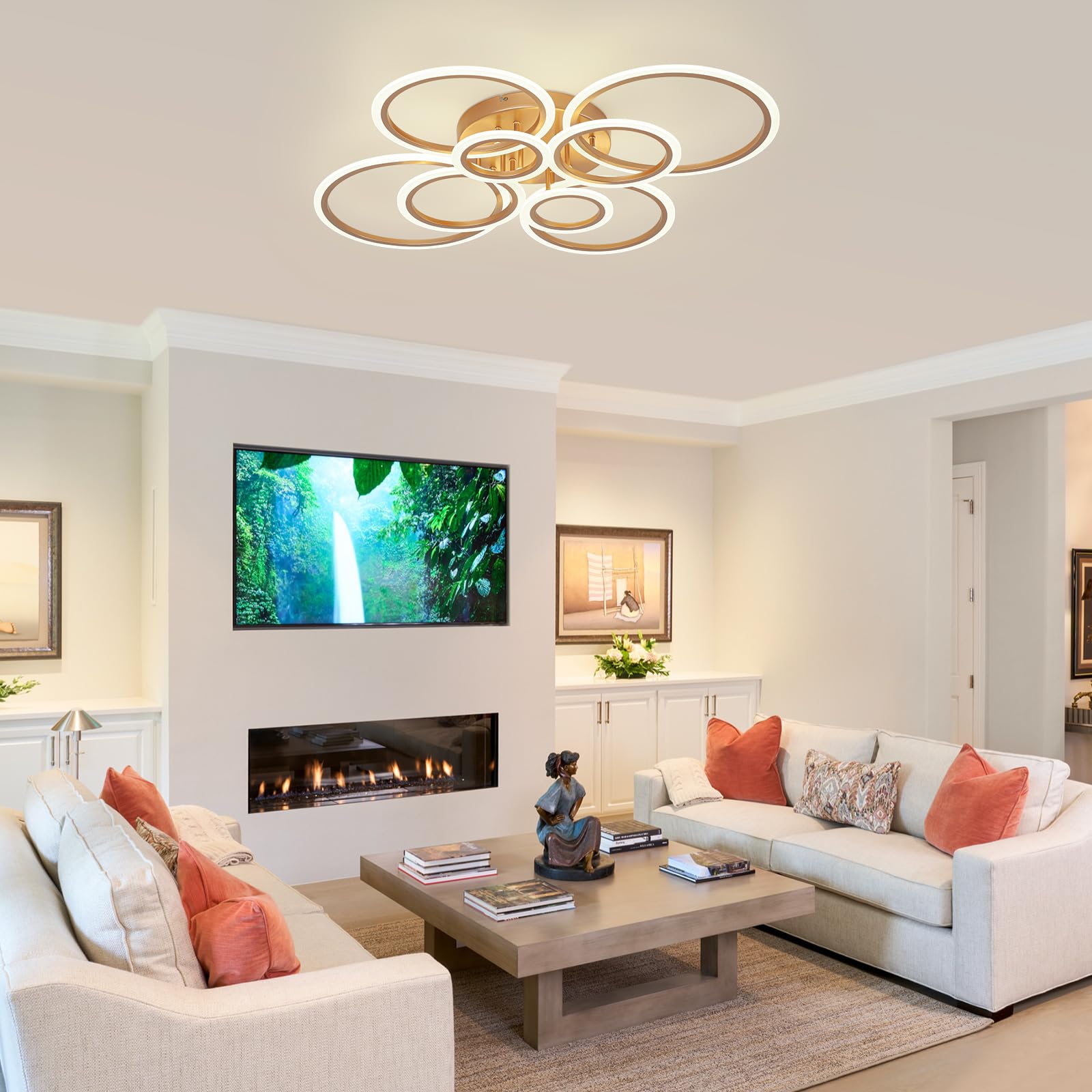 Vikaey 8-Light Modern LED Ceiling Light, Gold Metal Flush Mount for Living Room, Dining Room, Bedroom, Kitchen, 4000K Not Dimmable